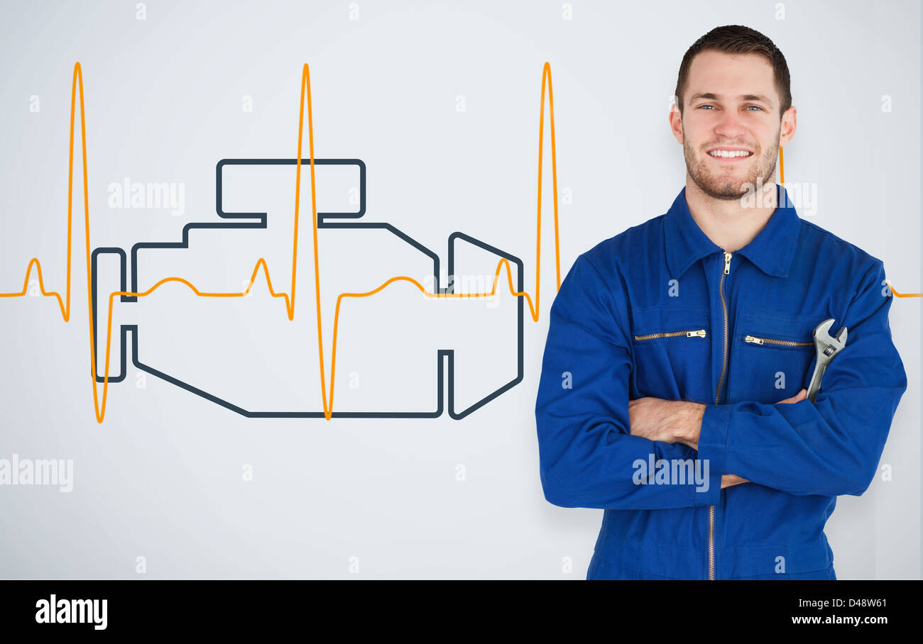 Ritratto di un giovane meccanico accanto a sfondo con auto a motore e linea di cuore Foto Stock