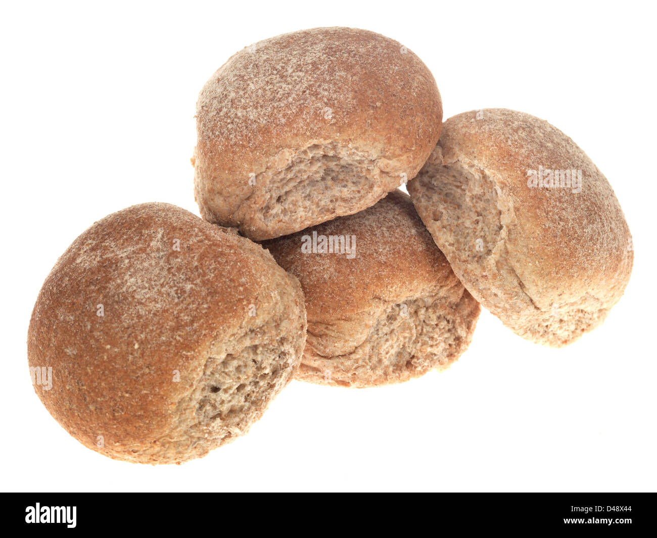 Gruppo di pane appena sfornato Brown Pane integrale panini, isolata contro uno sfondo bianco, con nessun popolo Foto Stock