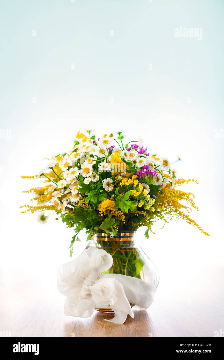 Bouquet di fiori selvatici in vaso su sfondo blu Foto Stock