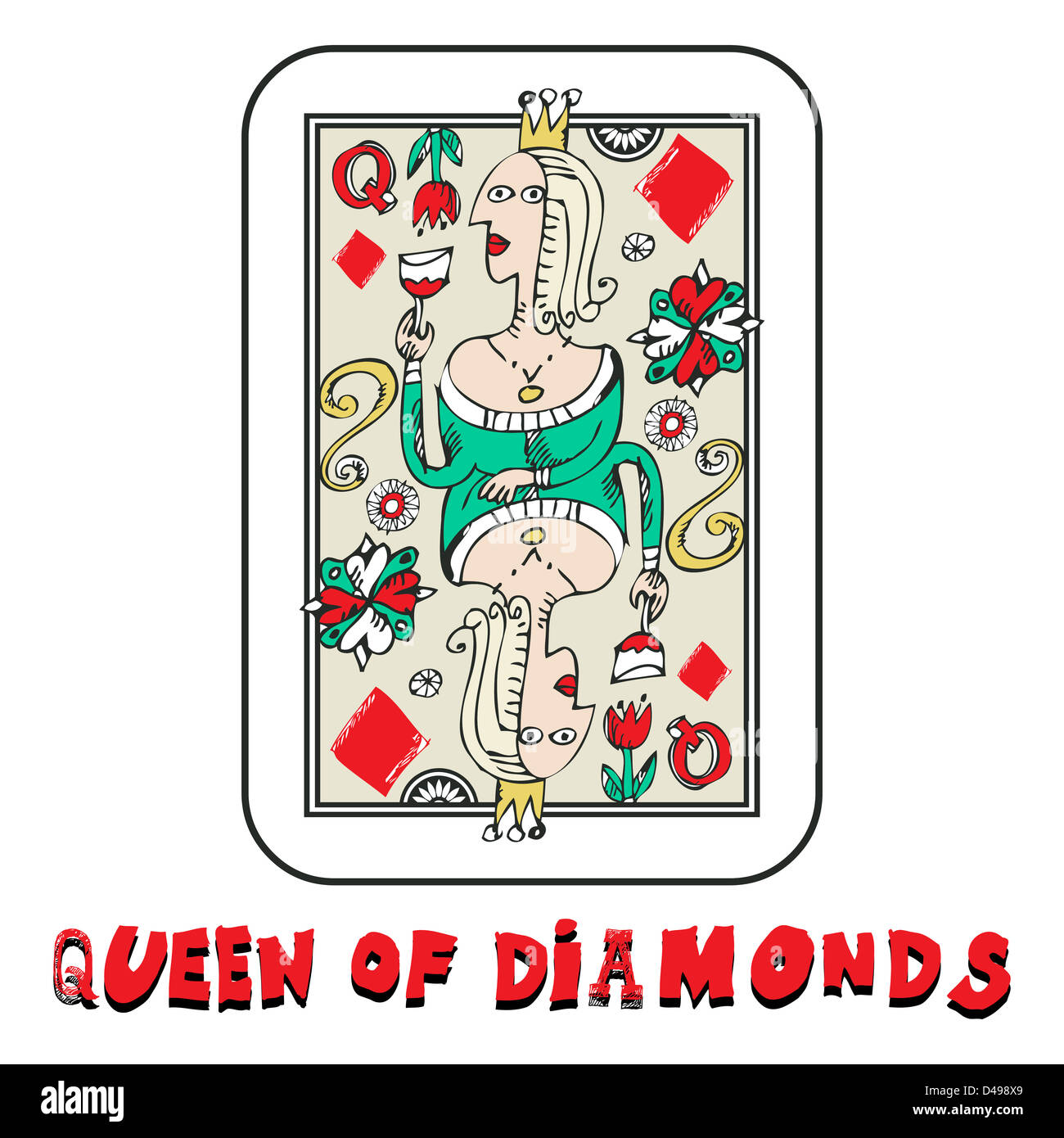 Disegnata a mano mazzo di carte, doodle regina di diamanti Foto Stock