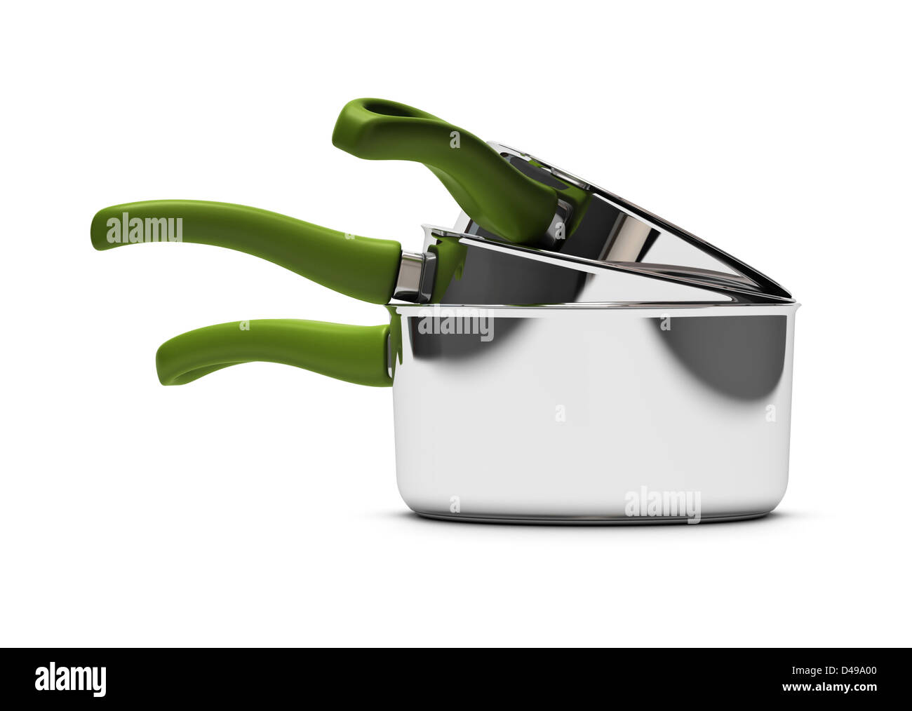 Tre piatto vuoto su sfondo bianco con maniglia verde Foto Stock