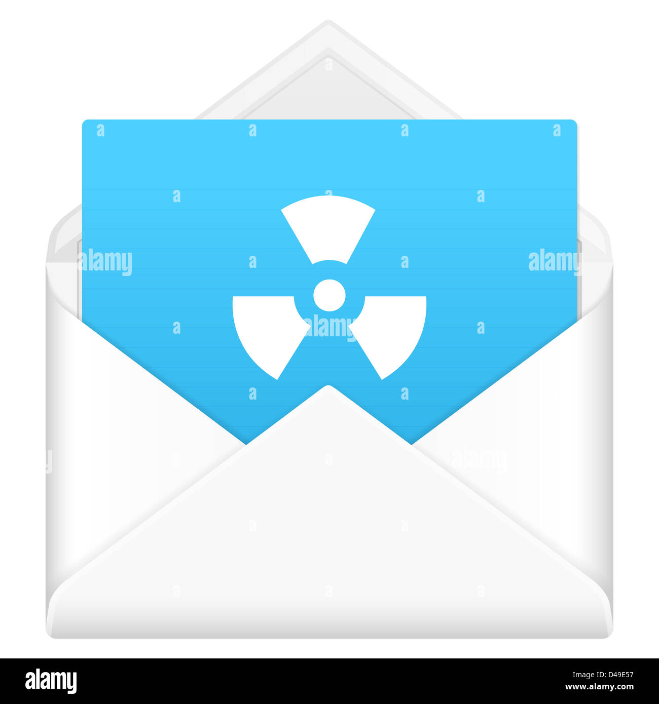 Busta, foglio di notebook e simbolo su uno sfondo bianco. Foto Stock