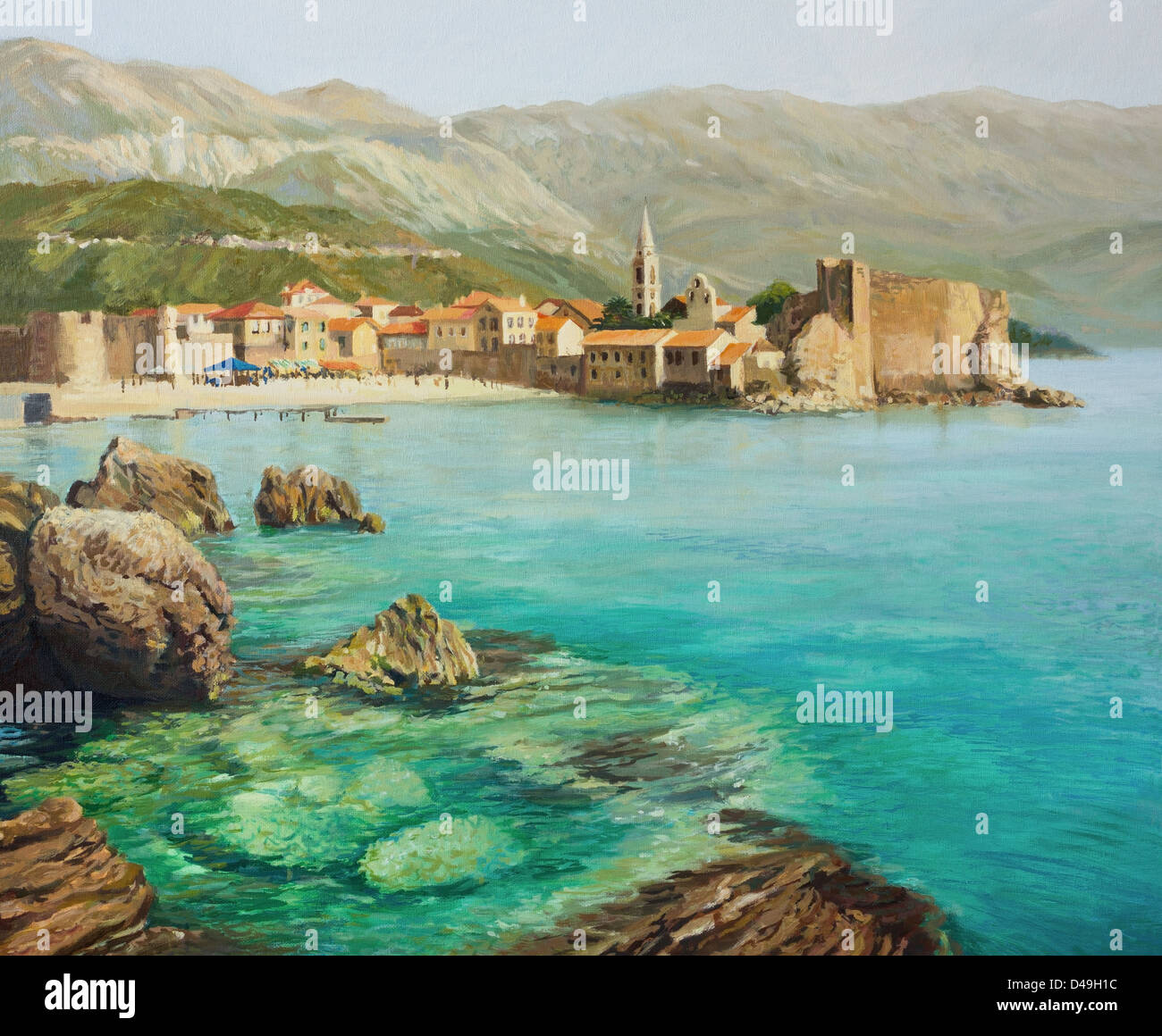 Un dipinto ad olio su tela della baia vicino alla città vecchia di Budva sulla riviera Montenego con la spiaggia e la città fortezza pareti. Foto Stock