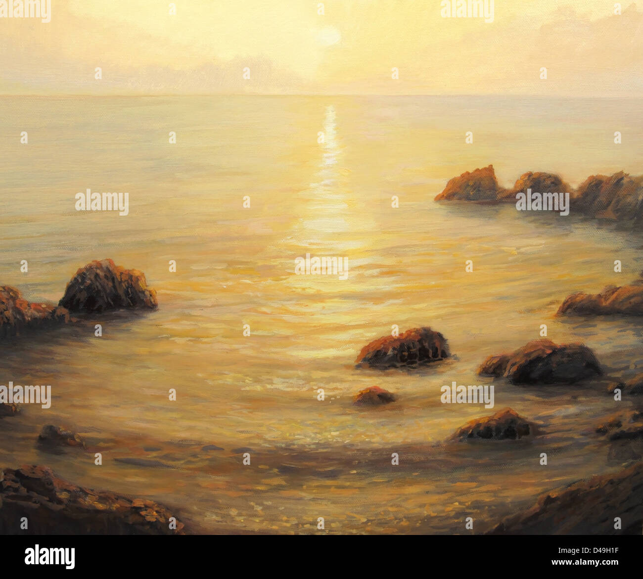 Un dipinto ad olio su tela di una mattina presto golden sunrise con sole splendente il percorso sulla calma e tranquilla della superficie del mare. Foto Stock