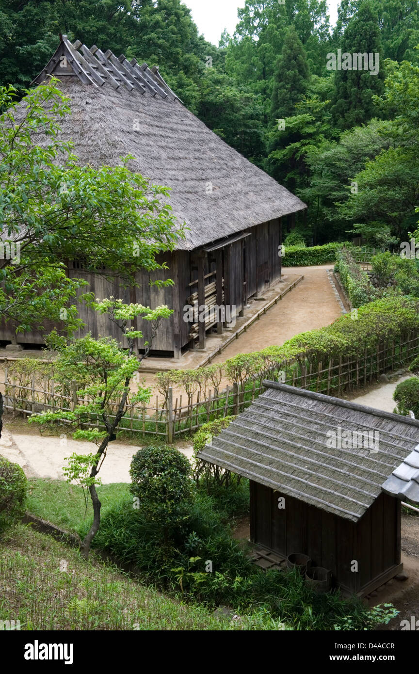 Storico del tetto in paglia villaggio di campagna residenze presso Nihon Minkaen (open-air Folk House Museum) in Kawasaki, Giappone. Foto Stock