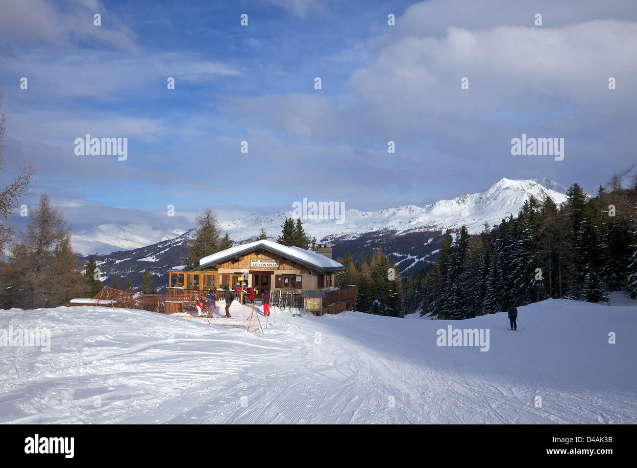 Le Plein Soleil ristorante Les Coches, Montchavin, La Plagne, sulle Alpi francesi, Savoie, Francia, Europa Foto Stock