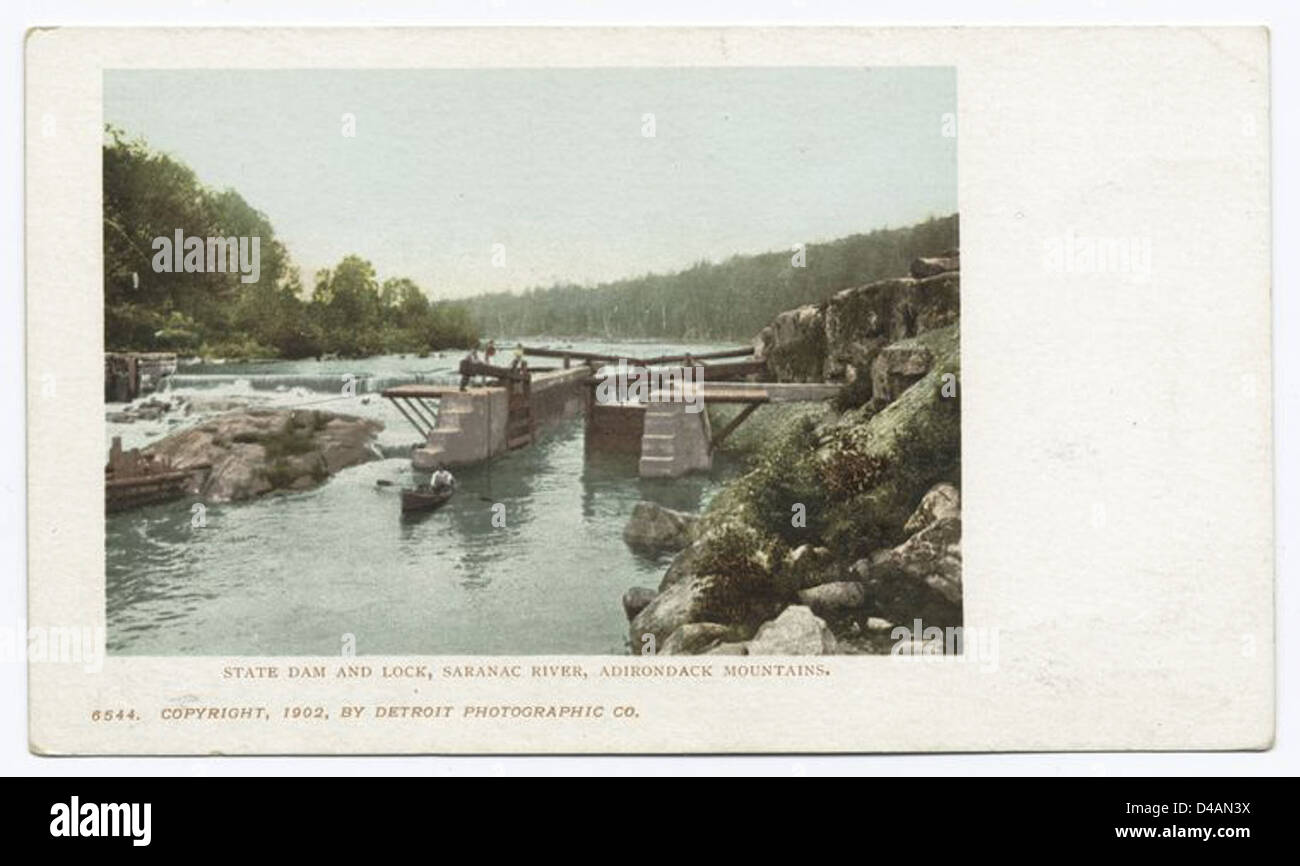 Diga di stato e bloccare, Saranac River, Adirondack Mts., N. Y. Foto Stock