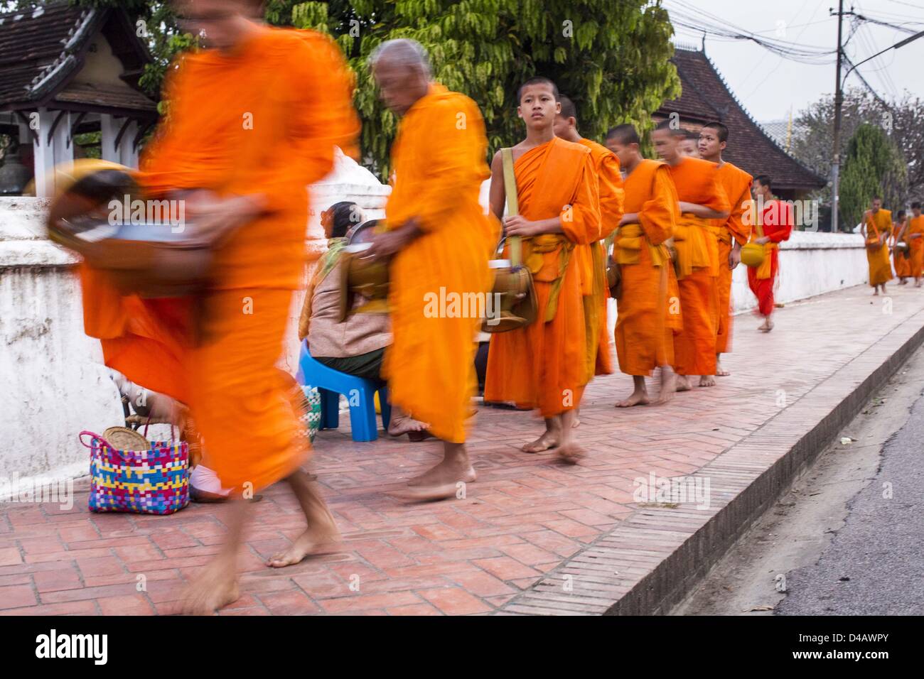 Luang Prabang, Laos. Undicesimo Marzo 2013. I monaci buddisti raccogliere elemosine durante il tak bat in Luang Prabang. ''Tak Bat'' è un rito quotidiano nella maggior parte del Laos (e altri buddista Theravada paesi come la Thailandia e Cambogia). I monaci di lasciare i loro templi all'alba e cammina silenziosamente attraverso le strade e le persone di mettere il riso e altri prodotti alimentari nella loro alms a bocce. Luang Prabang, nel nord del Laos, è particolarmente conosciuto per la mattina ''tak bat'' a causa del grande numero dei templi e dei monaci nella città Credito: ZUMA Press, Inc. / Alamy Live News Foto Stock