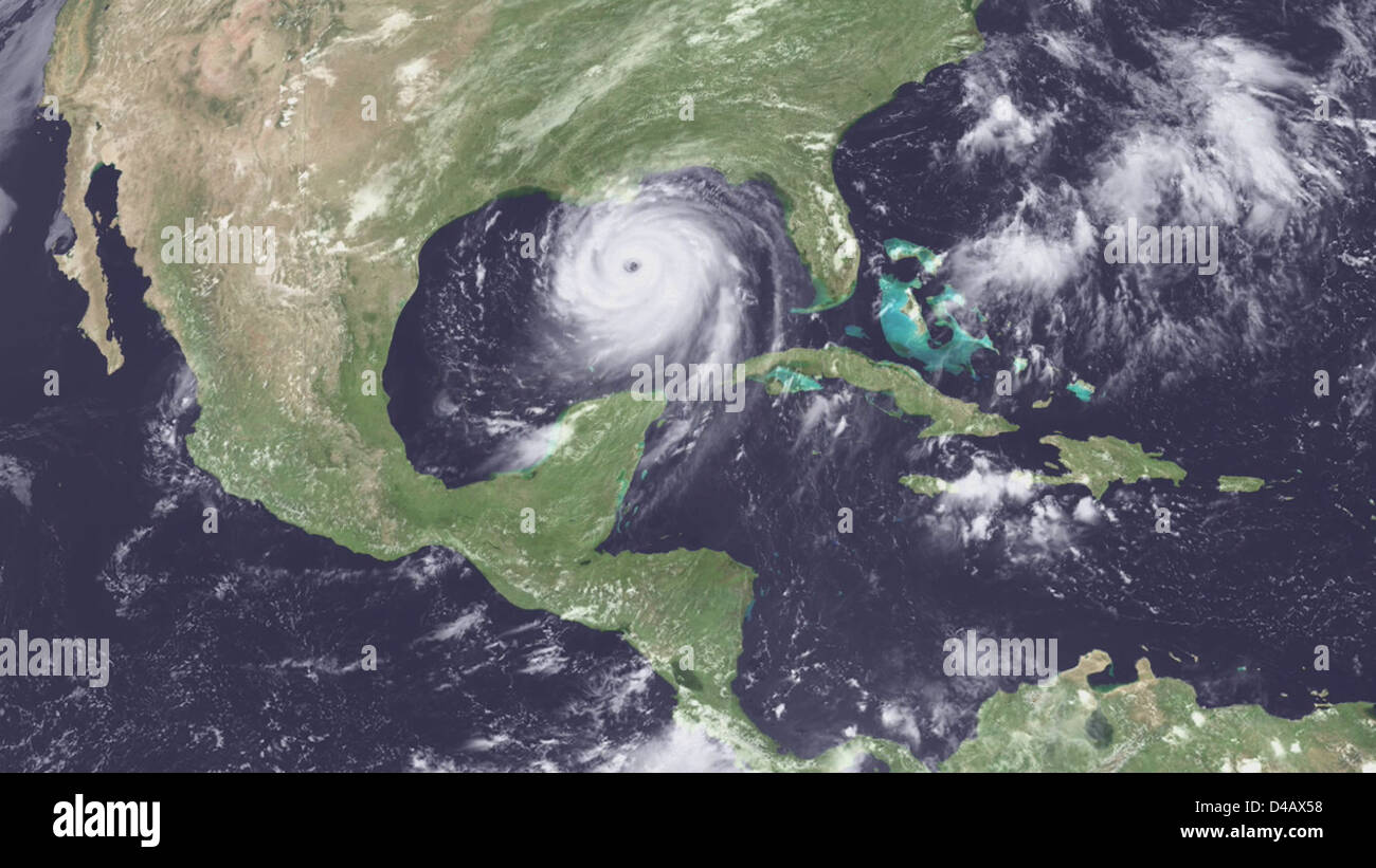 Un video del satellite GO della NASA mostra l'uragano Katrina mentre si è sviluppato e ha colpito la costa del Golfo. Il satellite ha fornito dati critici in tempo reale per monitorare i progressi e l’intensità della tempesta. Foto Stock