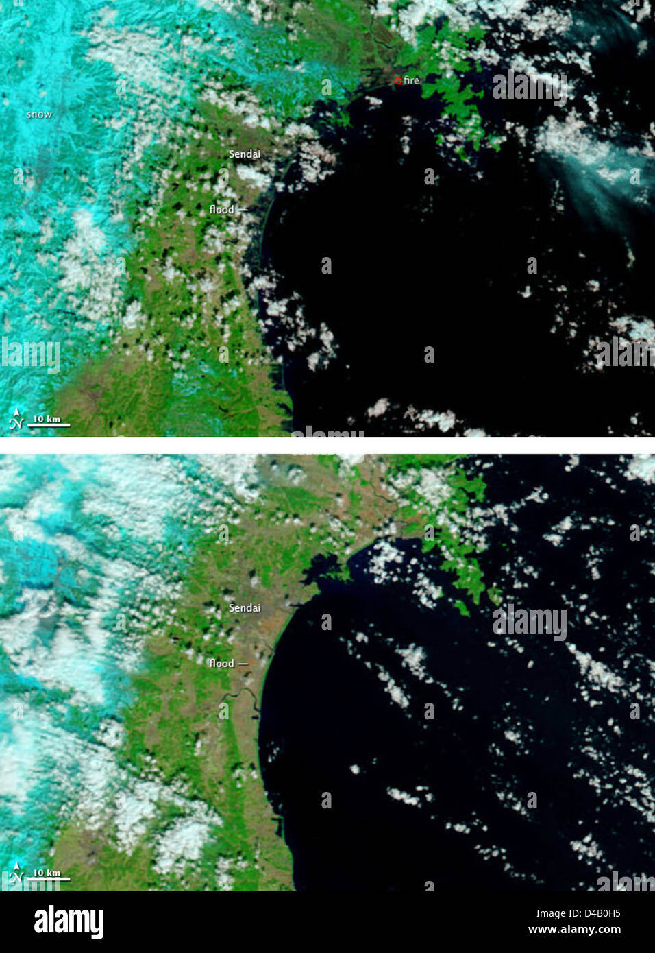 Inondazioni da Tsunami nei pressi di Sendai, Giappone Foto Stock