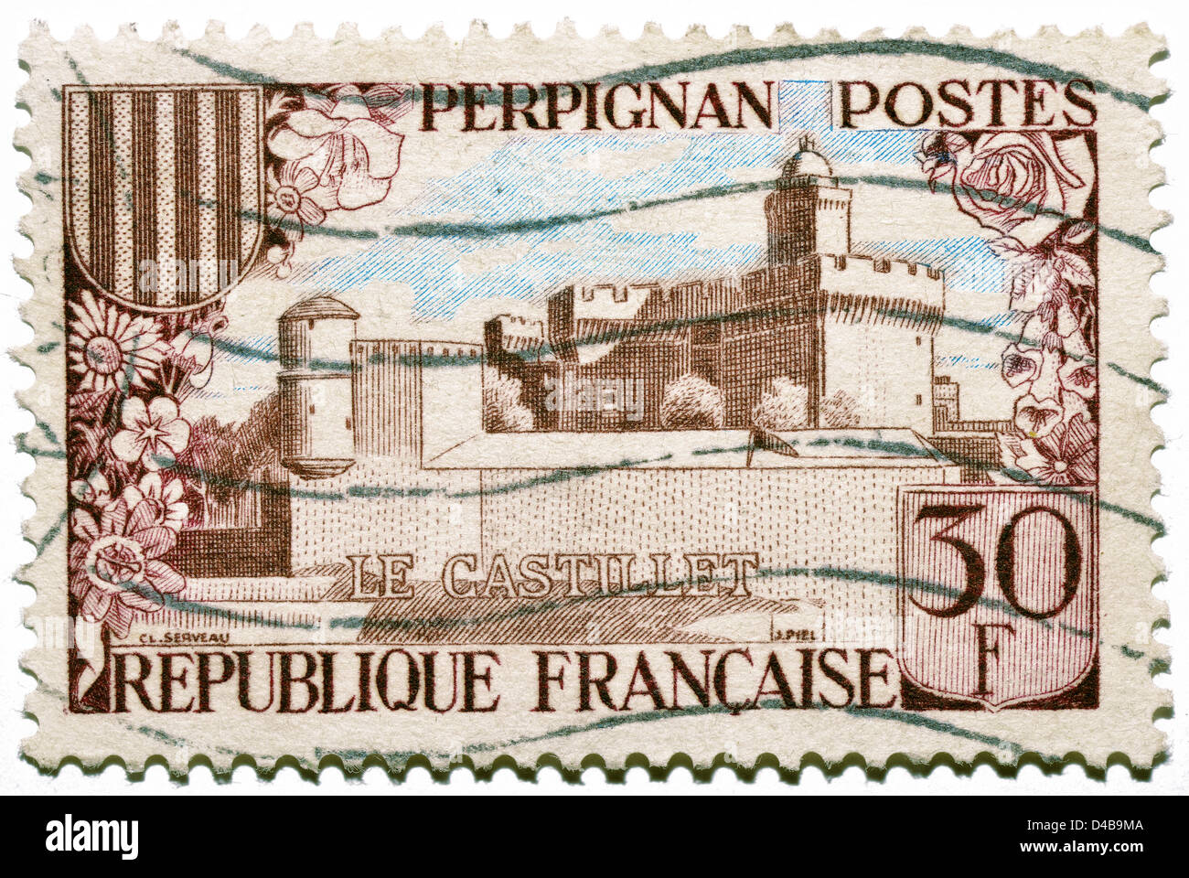 Il francese francobollo castello con Le Castillet di Perpignan, comune francese nel dipartimento Pyrénées-Orientales Foto Stock