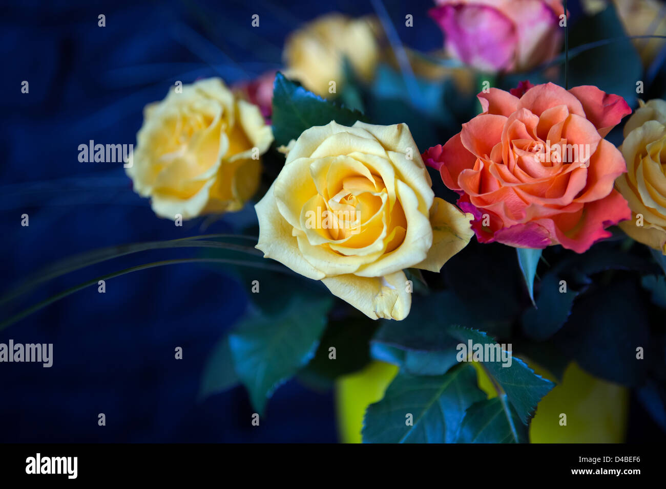 Mazzo di rose in un vaso sul tavolo Foto Stock