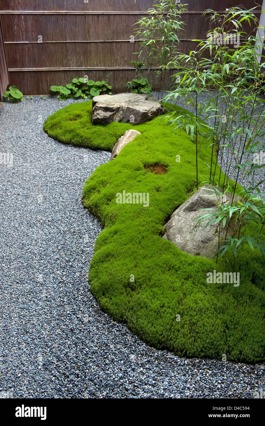 Un attentamente curati isola Moss mette in evidenza un paesaggio rock garden a Sanzenin tempio di Ohara, Kyoto, Giappone. Foto Stock