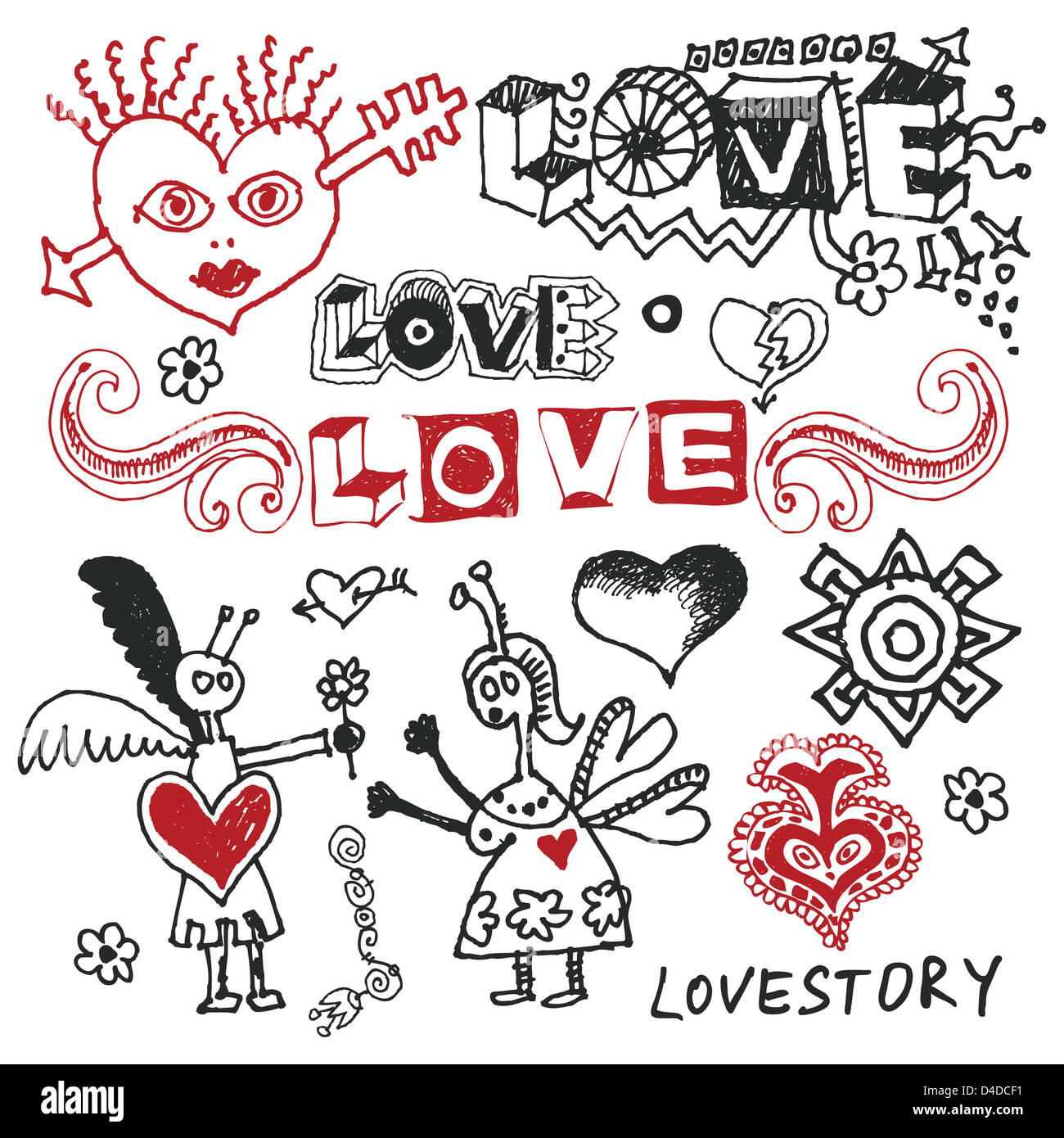 Amore divertente doodle, disegnati a mano gli elementi di design isolato su sfondo bianco Foto Stock