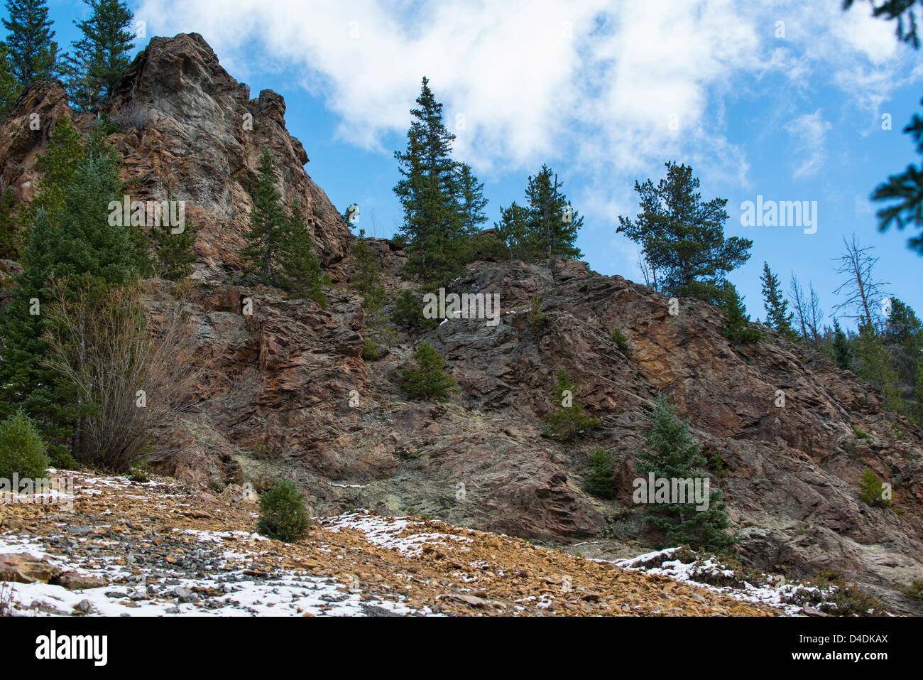 Montagne rocciose con alberi in primo piano Foto Stock