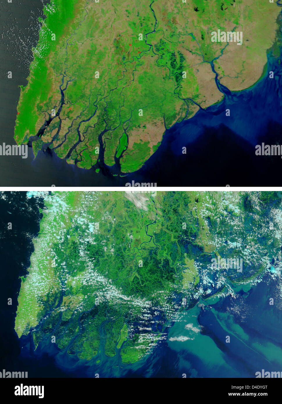 Il combo della NASA Immagini via satellite mostra la regione costiera della Birmania il 15 aprile 2008 (in alto) e dopo il ciclone Nargis su 05 maggio 2008 (fondo). Il governo birmano ha stimato il numero di morti a 22.000 con 41.000 più manca il 06 maggio 2008. Foto: la NASA/dello spettroradiometro MODIS Foto Stock