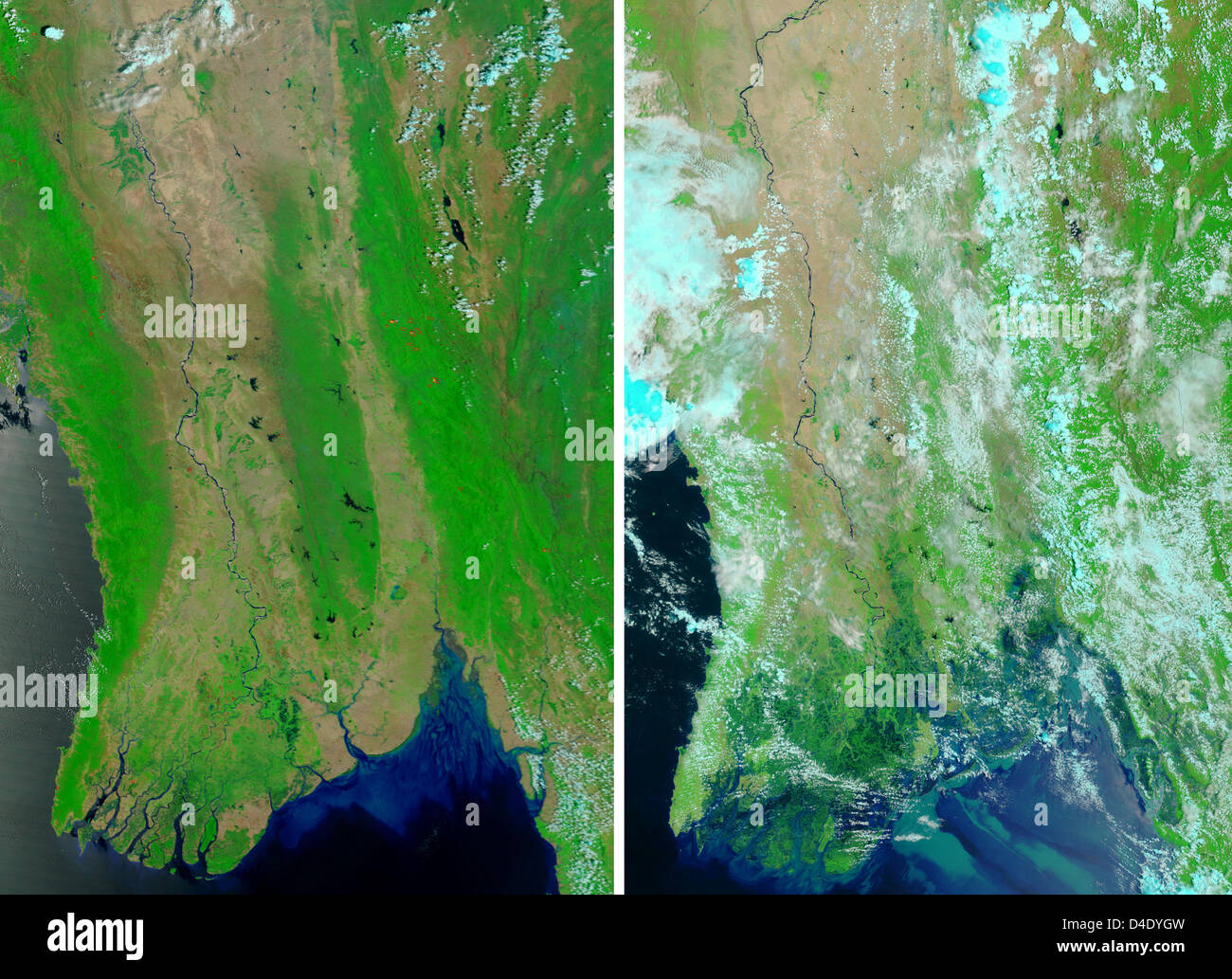 Il combo della NASA Immagini via satellite mostra la regione costiera della Birmania il 15 aprile 2008 (L) e dopo il ciclone Nargis su 05 maggio 2008 (R). Il governo birmano ha stimato il numero di morti a 22.000 con 41.000 più manca il 06 maggio 2008. Foto: la NASA/dello spettroradiometro MODIS Foto Stock