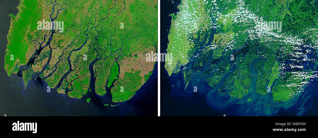 Il combo della NASA Immagini via satellite mostra la regione costiera della Birmania il 15 aprile 2008 (L) e dopo il ciclone Nargis su 05 maggio 2008 (R). Il governo birmano ha stimato il numero di morti a 22.000 con 41.000 più manca il 06 maggio 2008. Foto: la NASA/dello spettroradiometro MODIS Foto Stock