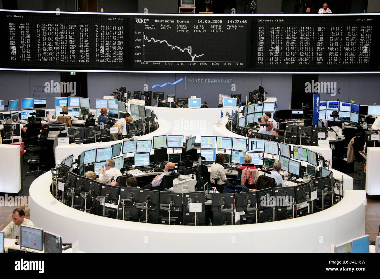 Vista sul piano della Borsa di Francoforte a Francoforte sul Meno, Germania, 14 maggio 2008. La quota tedesca del mercato amichevole sviluppato come un diluvio di società cifre provenienti in previste alcune animazioni con i singoli documenti. I più recenti dati congiunturali degli Stati Uniti ha assorbito le perdite iniziali del tedesco indice azionario DAX. Foto: BORIS ROESSLER Foto Stock