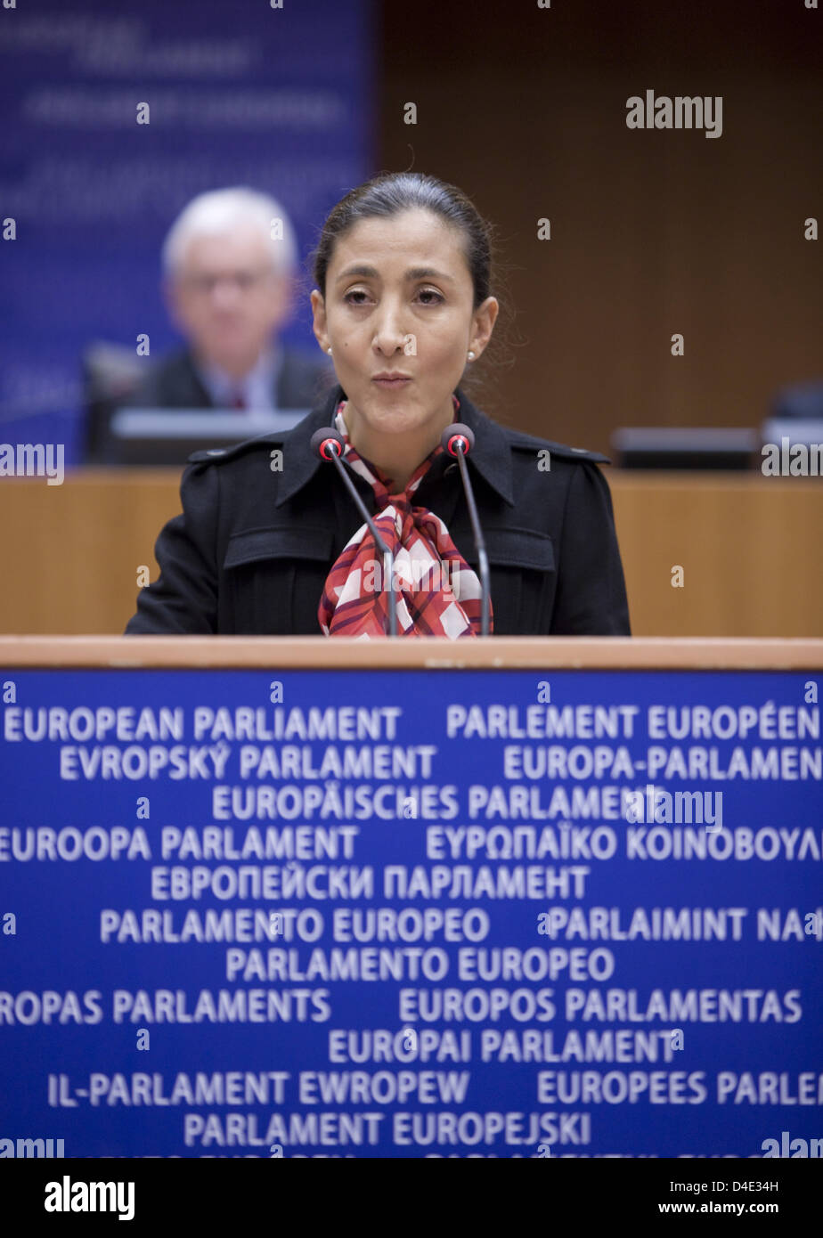 Ex candidata colombiana e colombiano ex guerriglieri delle FARC in ostaggio, French-Colombian Ingrid Betancourt, partecipa a una conferenza stampa presso il Parlamento europeo a Bruxelles, Belgio, 08 ottobre 2008. Betancourt, che era stato liberato nel Luglio 2008 dopo essere stati tenuti in cattività da parte delle FARC (Forze armate rivoluzionarie della Colombia) per più di sei anni, è uno di alto profilo Foto Stock