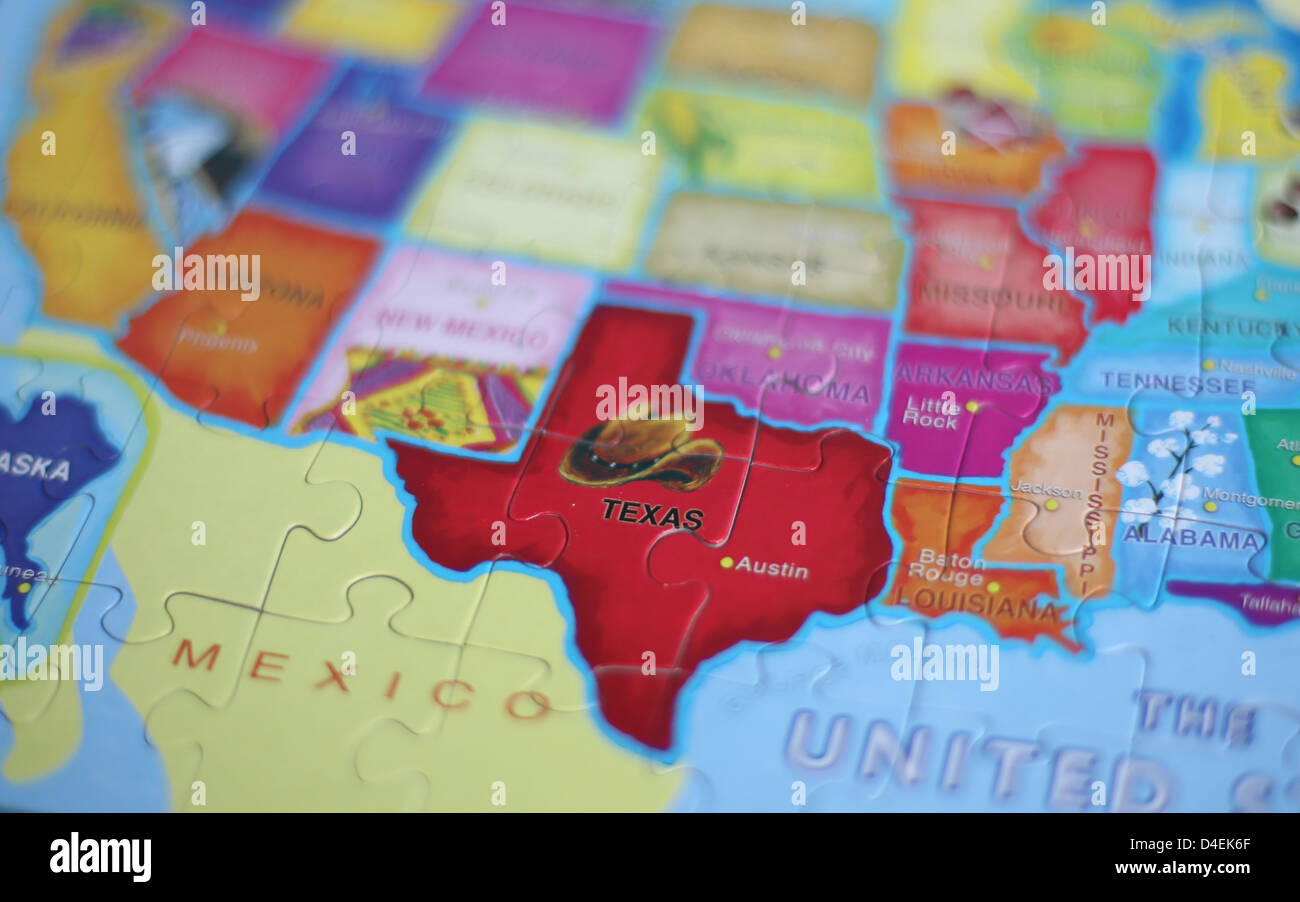 Una chiusura del Texas e Stati Uniti/confine messicano su una mappa di puzzle. Foto Stock