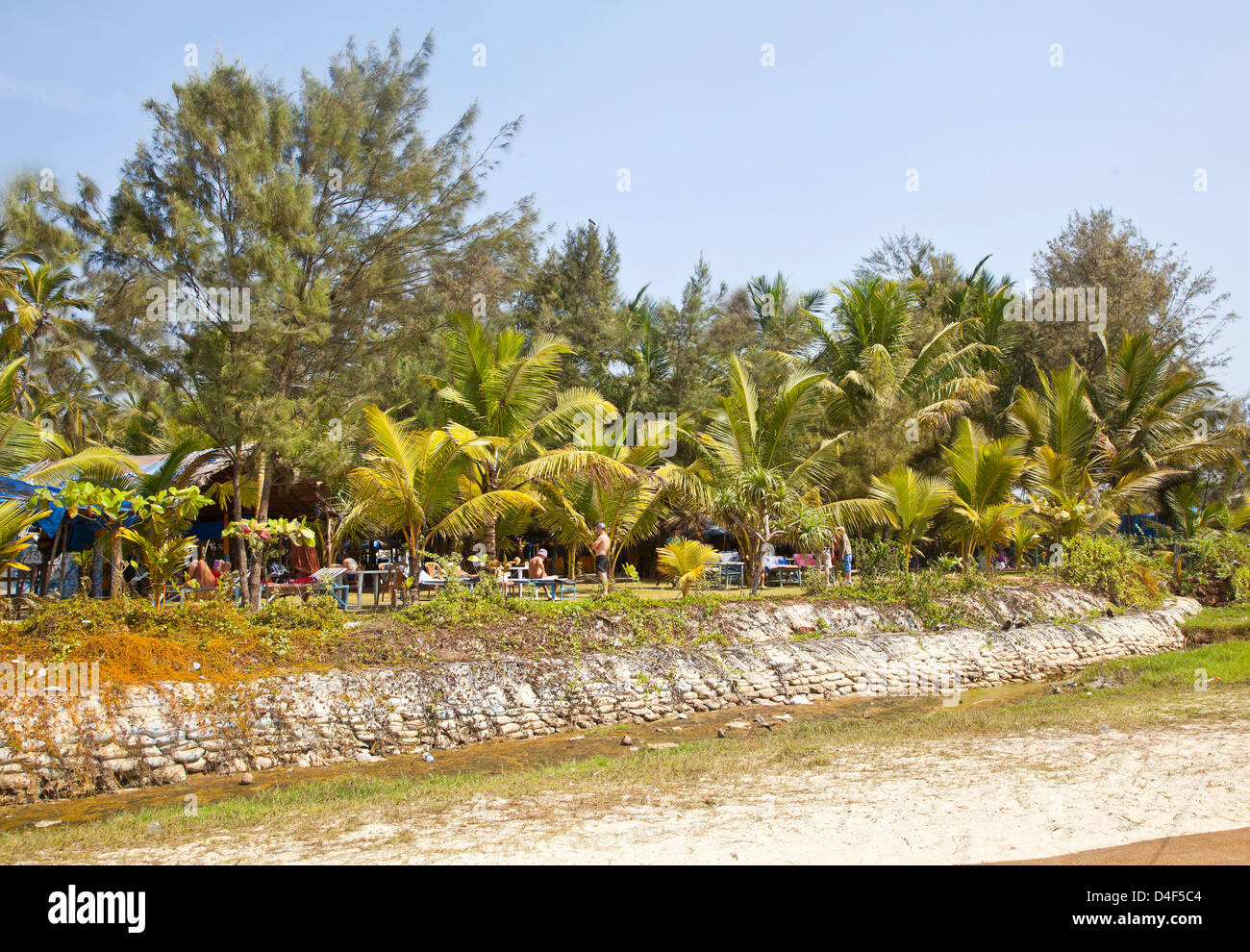 Scena dalla spiaggia di outdoor eatery e area picnick furono pubbliche sono rilassanti intorno a mezzogiorno sulla spiaggia Uttorda Goa, India Foto Stock