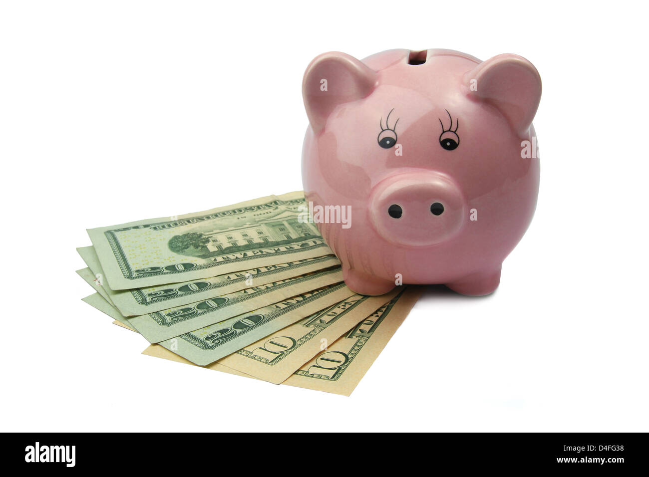 Banca di maiale in dollari isolati su sfondo bianco Foto Stock