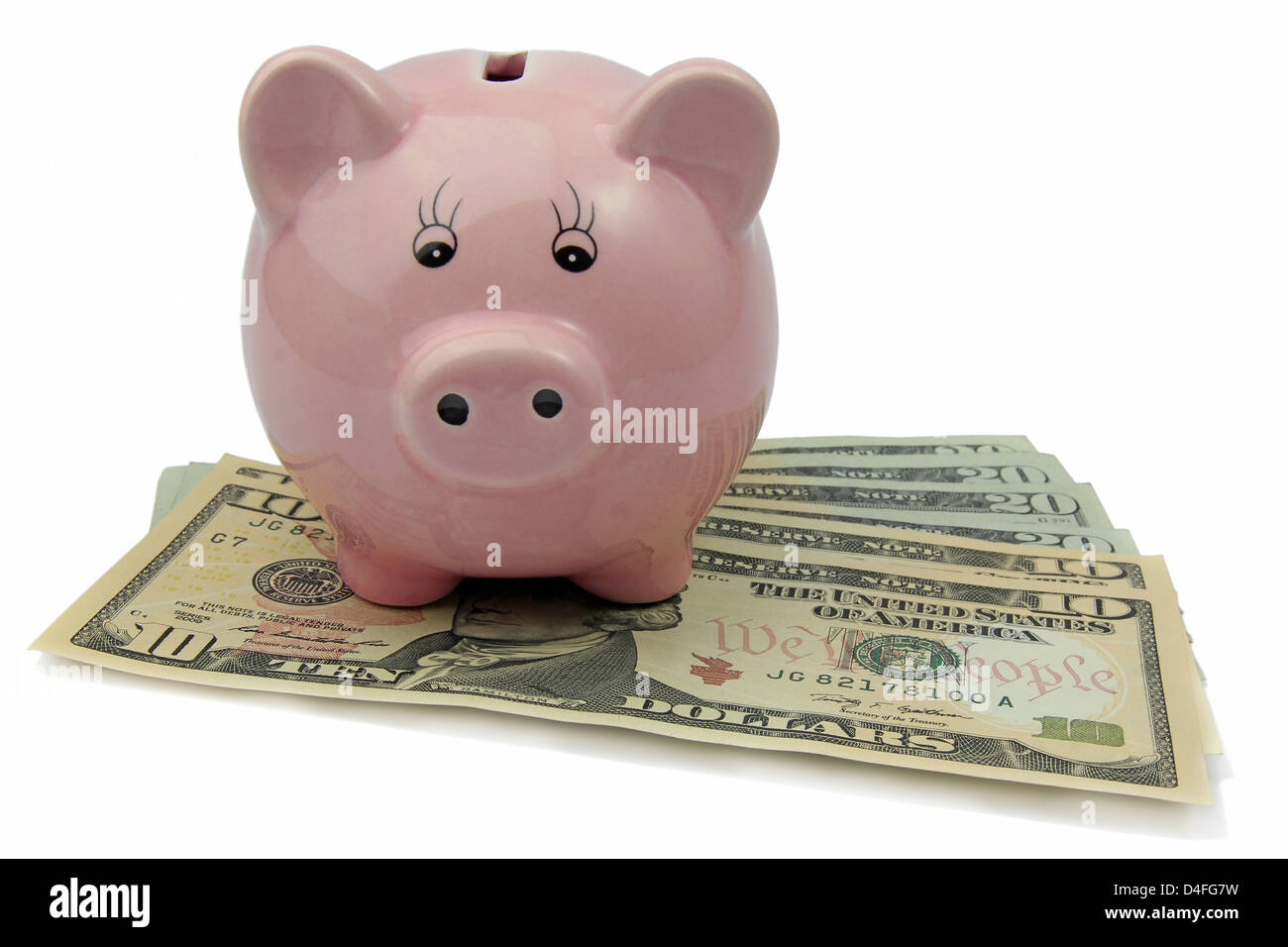 Banca di maiale in dollari isolati su sfondo bianco Foto Stock