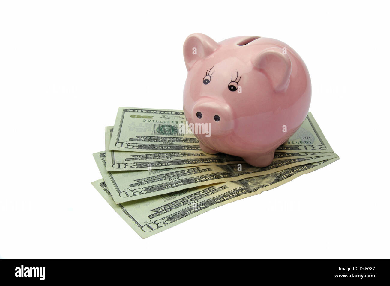 Banca di maiale in dollari isolati su sfondo bianco Foto Stock