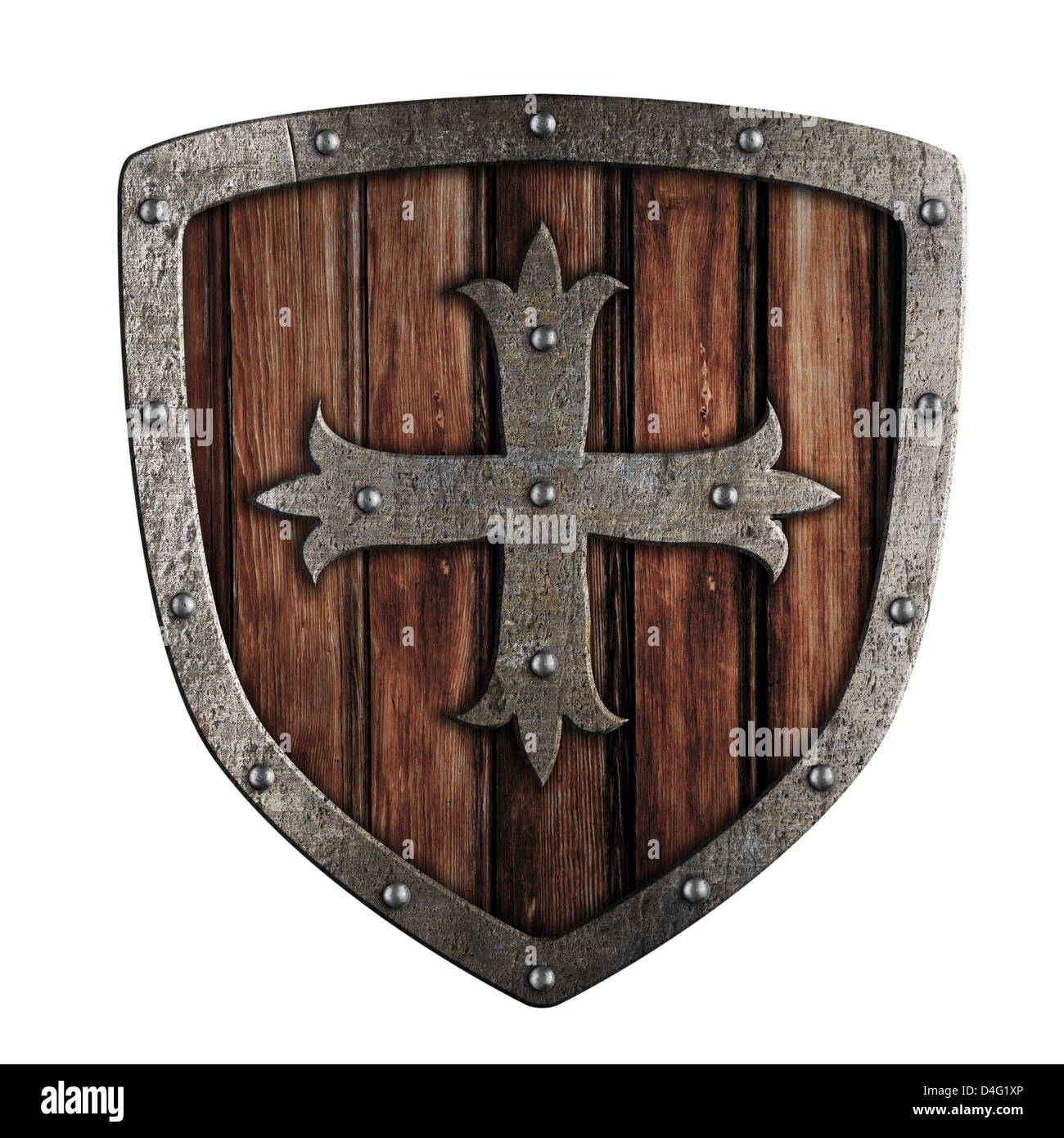 Vecchio crociato scudo in legno illustrazione isolato su bianco Foto Stock
