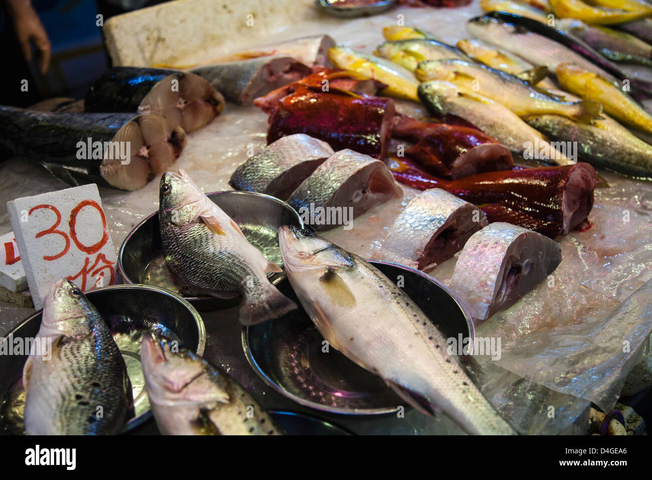 Un assortimento di pesce in un mercato di Hong Kong. Foto Stock
