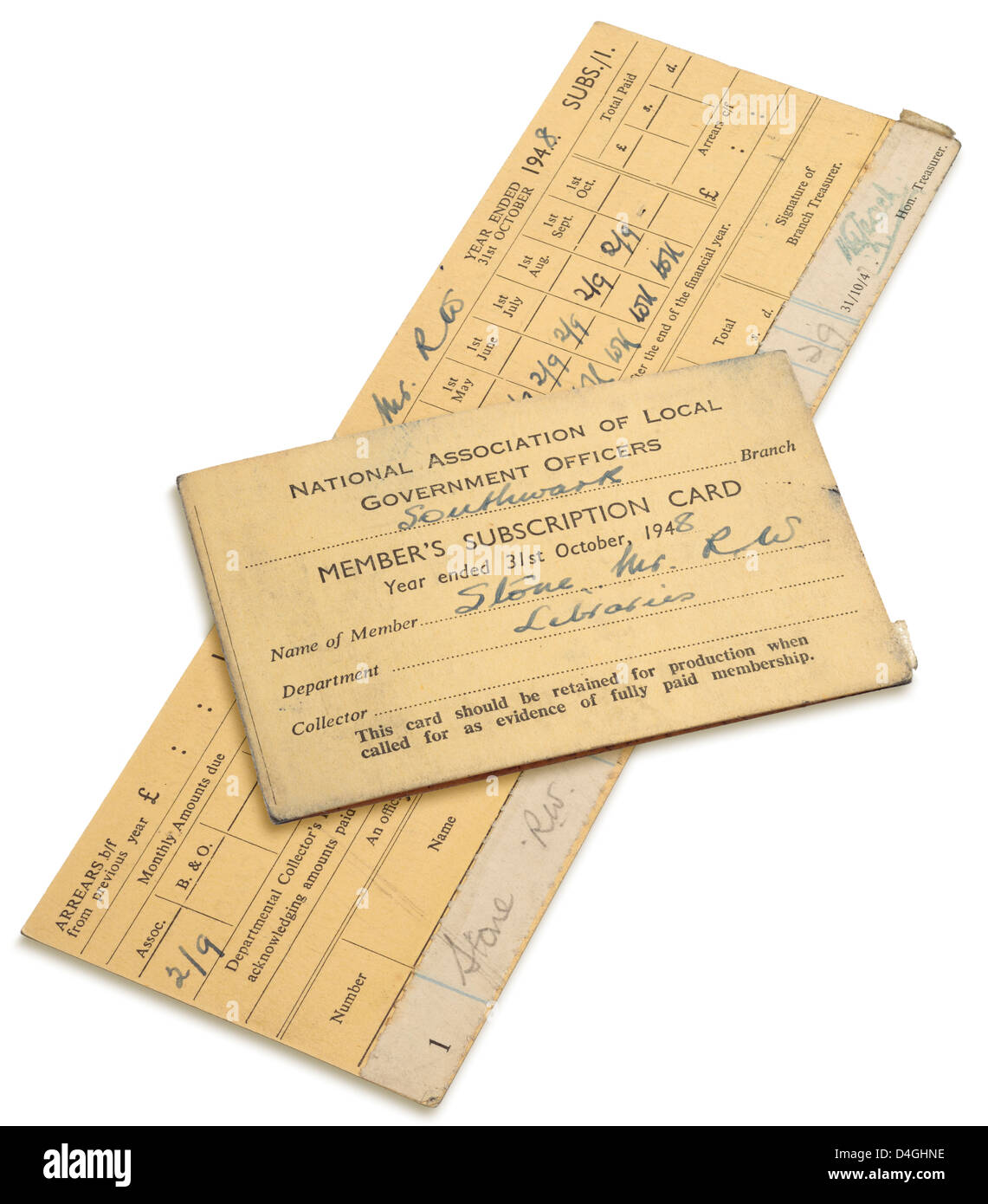 NALGO - Governo nazionale e locale degli ufficiali di associazione - Membro della scheda di abbonamento dal 1948. Foto Stock