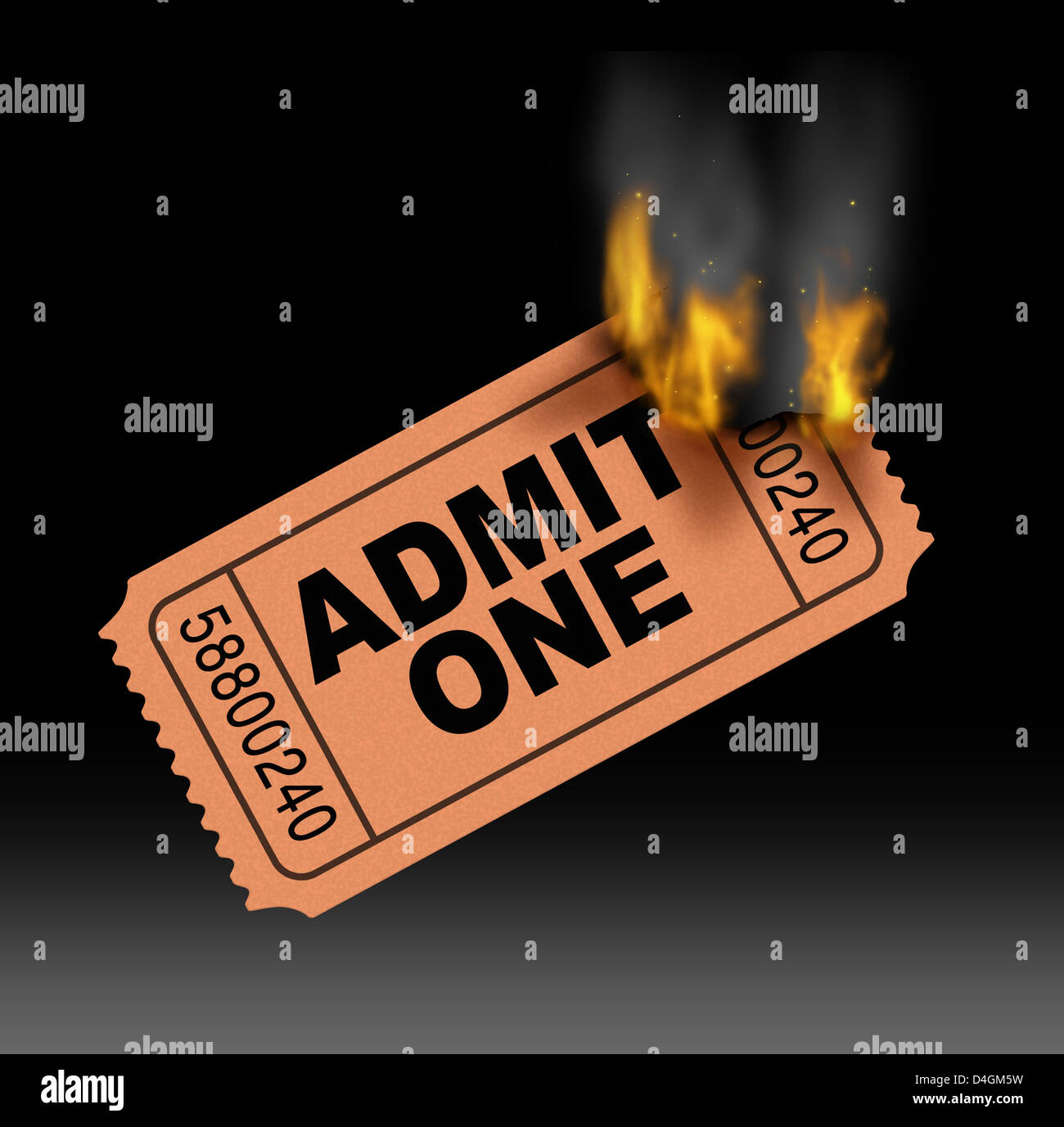 Hot ticket concetto di intrattenimento con un best-seller di ammettere un ingresso carta masterizzazione di stub in fiamme di fuoco e fumo come un simbolo molto popolare nella domanda di film e cinema media. Foto Stock