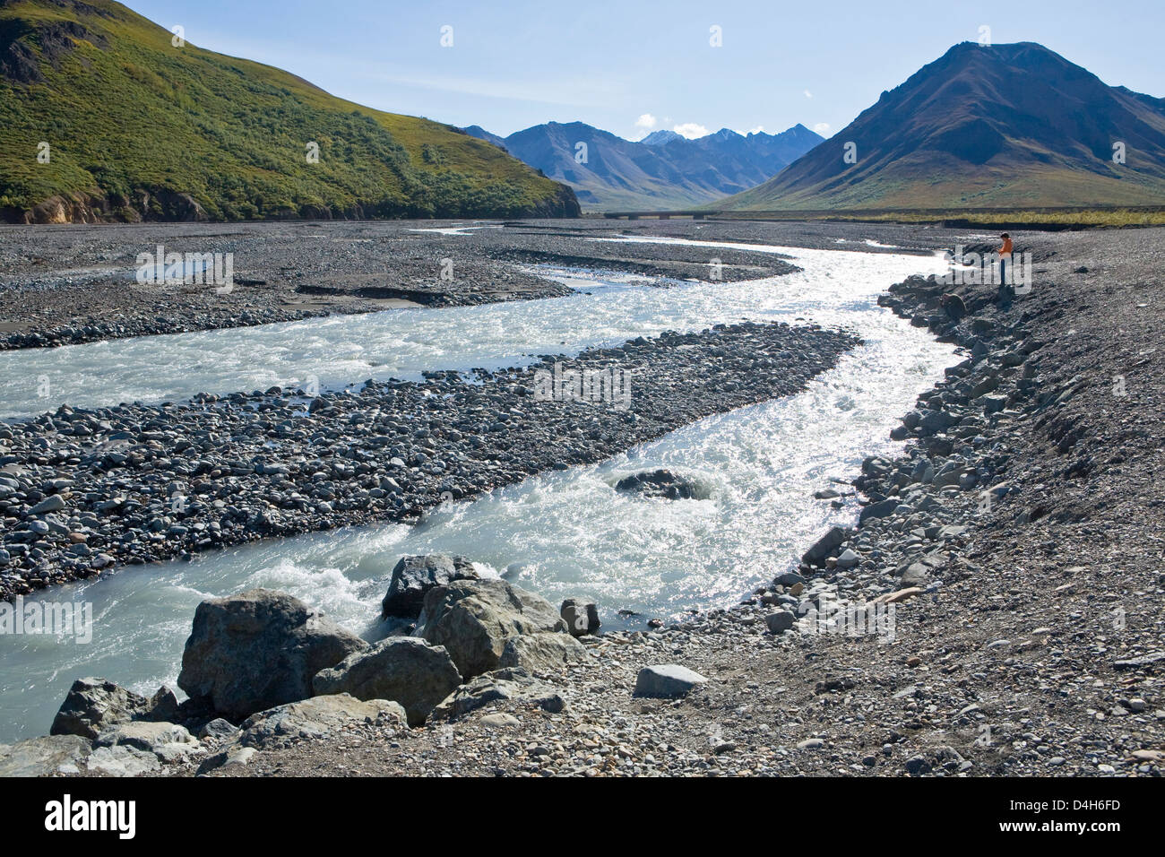 Fiume Toklat e dividere la montagna, Alaska Range al di là, Parco ponte stradale sul fiume in distanza, il Parco Nazionale di Denali, Alaska Foto Stock
