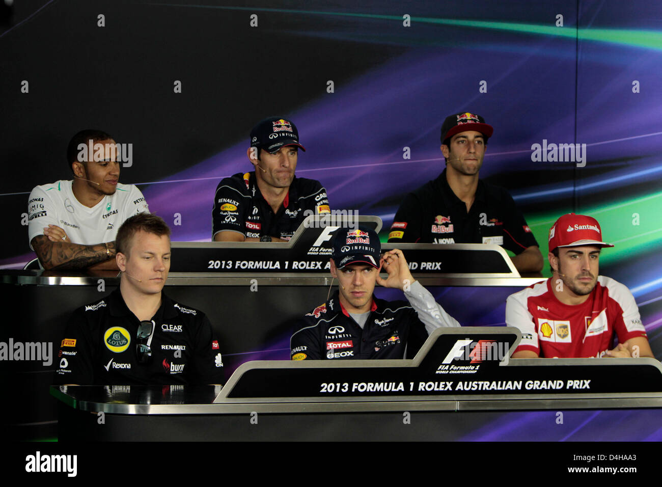 Melbourne, Australia. Il 14 marzo 2013. Motorsports: FIA Formula One World Championship 2013, il Gran Premio d'Australia, #7 Kimi Raeikkoenen (FIN, Team Lotus F1), #1 Sebastian Vettel (GER, Infiniti Red Bull Racing), #3 Fernando Alonso (ESP, la Scuderia Ferrari), #10 Lewis Hamilton (GBR, Mercedes AMG Petronas Team di F1), #2 Mark Webber (AUS, Infiniti Red Bull Racing), #19 Daniel Ricciardo (AUS, Scuderia Toro Rosso), Credit: dpa picture alliance / Alamy Live News Foto Stock