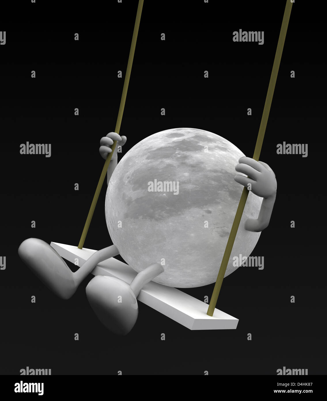 Luna con le braccia e le gambe su un altalena, 3d illustrazione Foto Stock