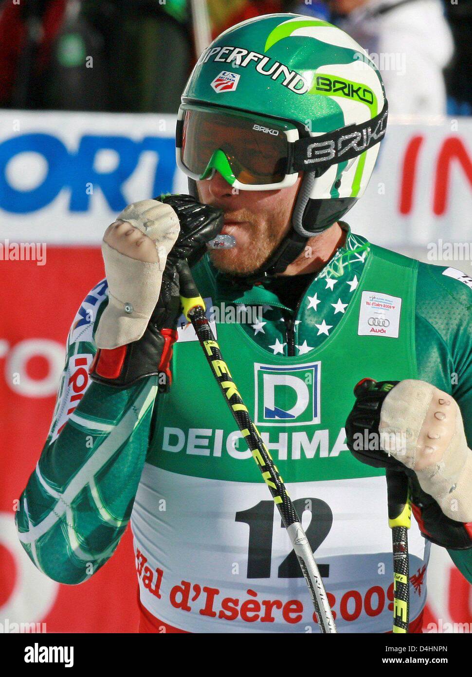 Noi Bode Miller reagisce dopo la sua esecuzione in uomini?s Super G concorrenza durante lo sci alpino Campionati del Mondo in Val d'Isere, Francia, 04 febbraio 2009. Foto: Stephan Jansen Foto Stock