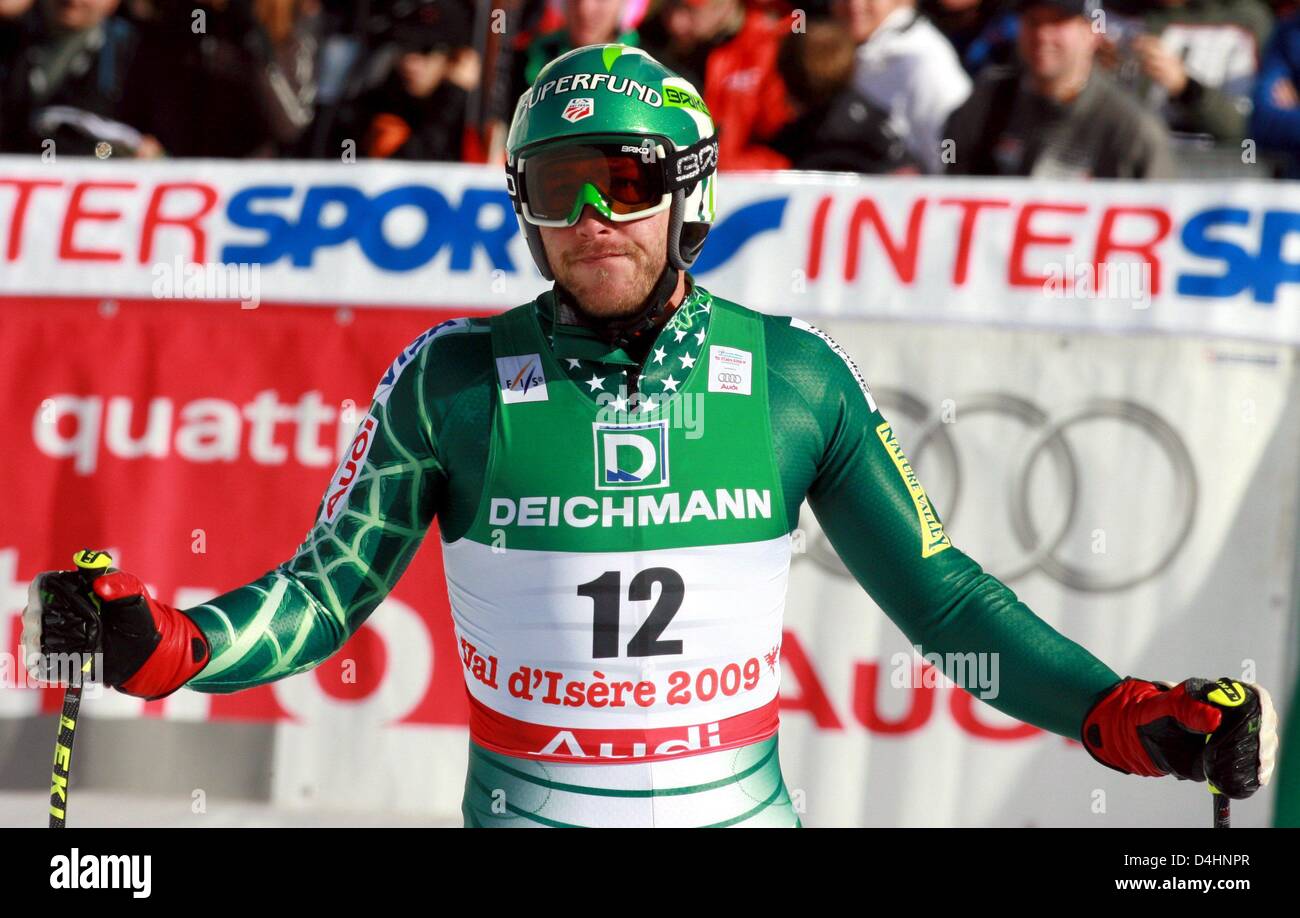 Noi Bode Miller reagisce dopo la sua esecuzione in uomini?s Super G concorrenza durante lo sci alpino Campionati del Mondo in Val d'Isere, Francia, 04 febbraio 2009. Foto: Stephan Jansen Foto Stock