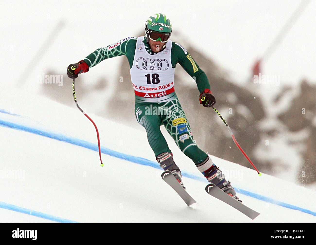 Noi Bode Miller in azione al funzionario uomini in discesa di formazione presso lo sci alpino Campionati del Mondo in Val d'Isere, Francia, 05 febbraio 2009. La Val d'Isere 2009 Sci Alpino Campionati del Mondo si svolgerà dal 02 al 15 febbraio. Foto: EPA/KARL-JOSEF HILDENBRAND Foto Stock
