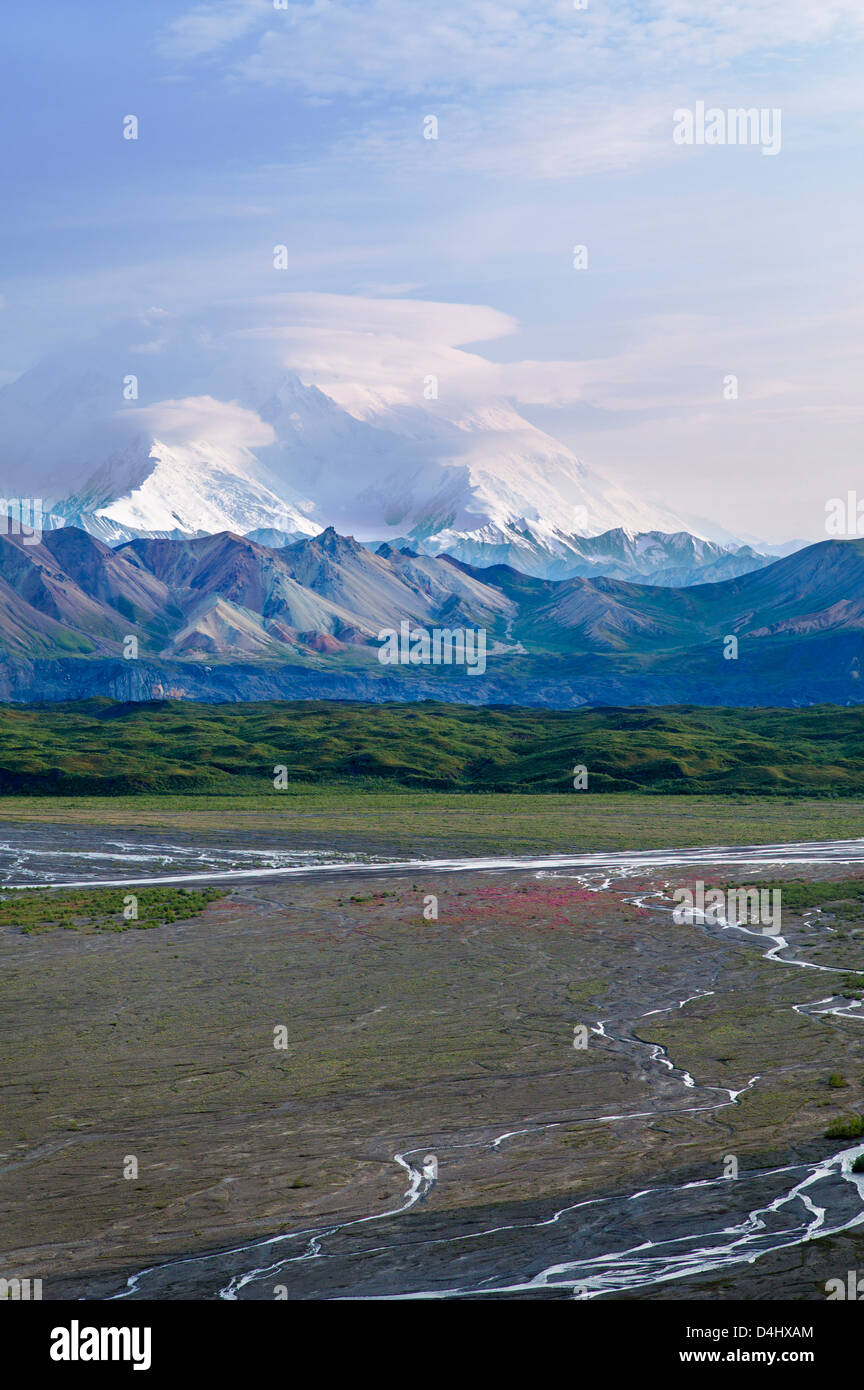 Mt. McKinley (Denali), il punto più alto in Nord America (20,320') visto dal lato ovest del Parco Nazionale di Denali, AK Foto Stock