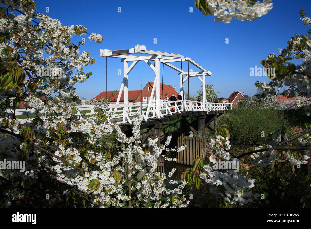 Altes Land, Steinkirchen, Hogendiek ponte attraverso il fiume Luehe, Bassa Sassonia, Germania Foto Stock