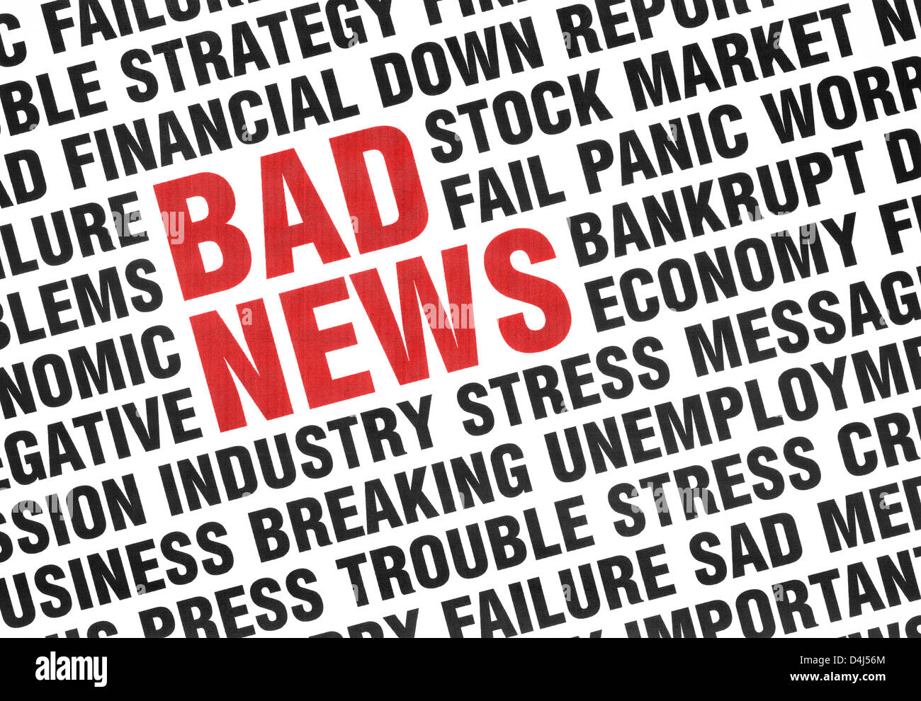 Stampa concettuale di cattive notizie angolato con testo maiuscolo esprimenti il fallimento, la crisi, panico, la paura e l'economia della depressione. Foto Stock
