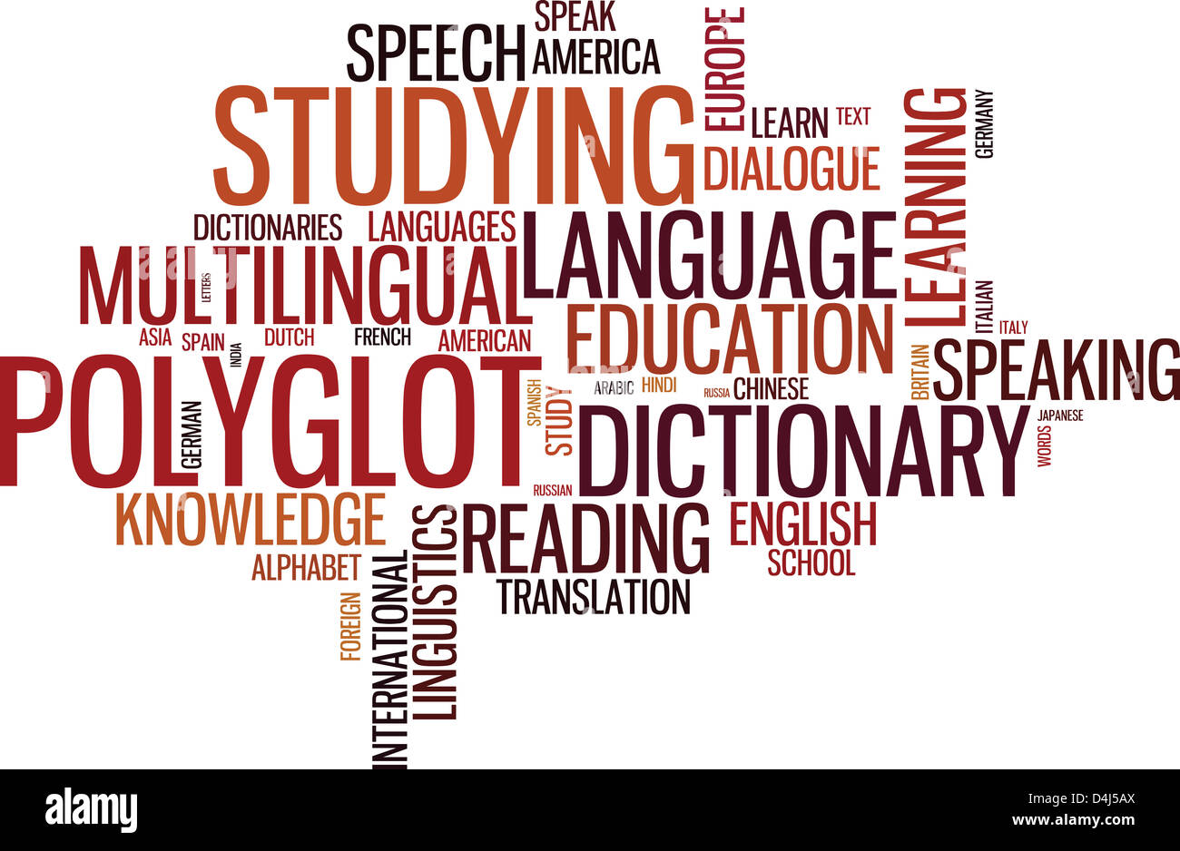 Errori tipografici wordcloud con parole multipli relativi alla lingua, di studio, di dialogo e di traduzione. Foto Stock