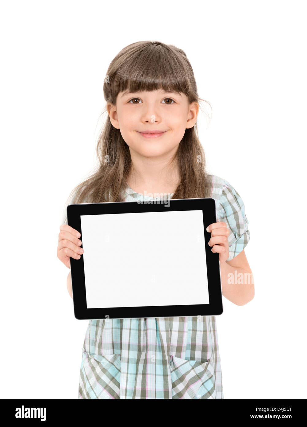 Affascinante bella ragazza con una moderna tavoletta digitale nelle sue mani con la schermata bianca vuota. Isolato su bianco. Foto Stock