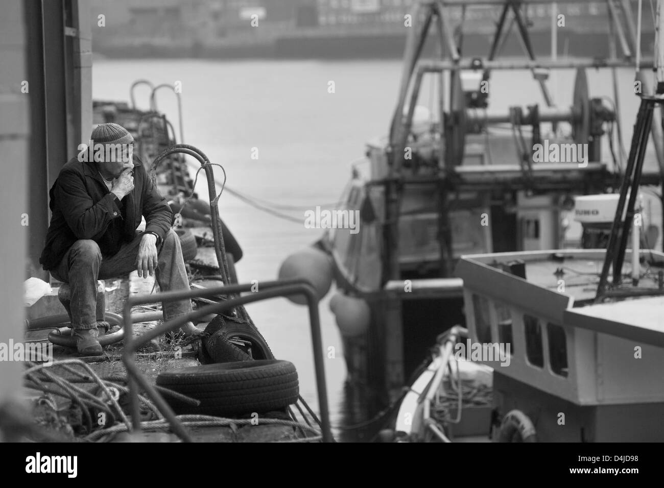 Trawlerman, North Shields Fish quay. Foto Stock