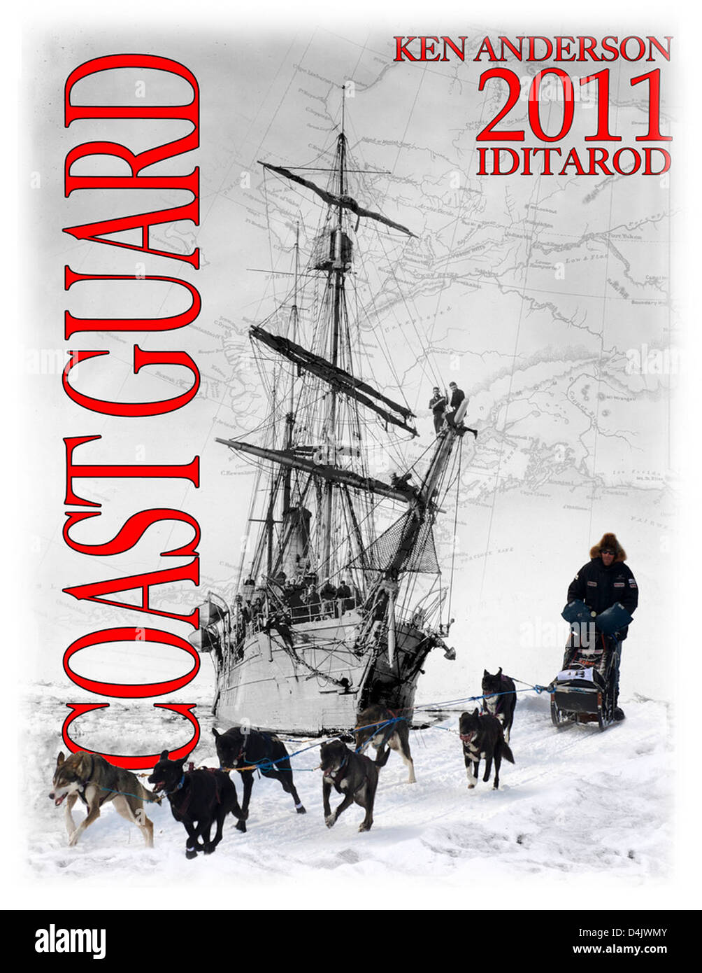 Il logo USCG Iditarod 2011 rappresenta la corsa di slitte trainate da cani in Alaska, con Ken Anderson e altri partecipanti. L'evento mette in evidenza la tradizione della gara di Iditarod in Alaska e il coinvolgimento di varie squadre e sponsor. Foto Stock
