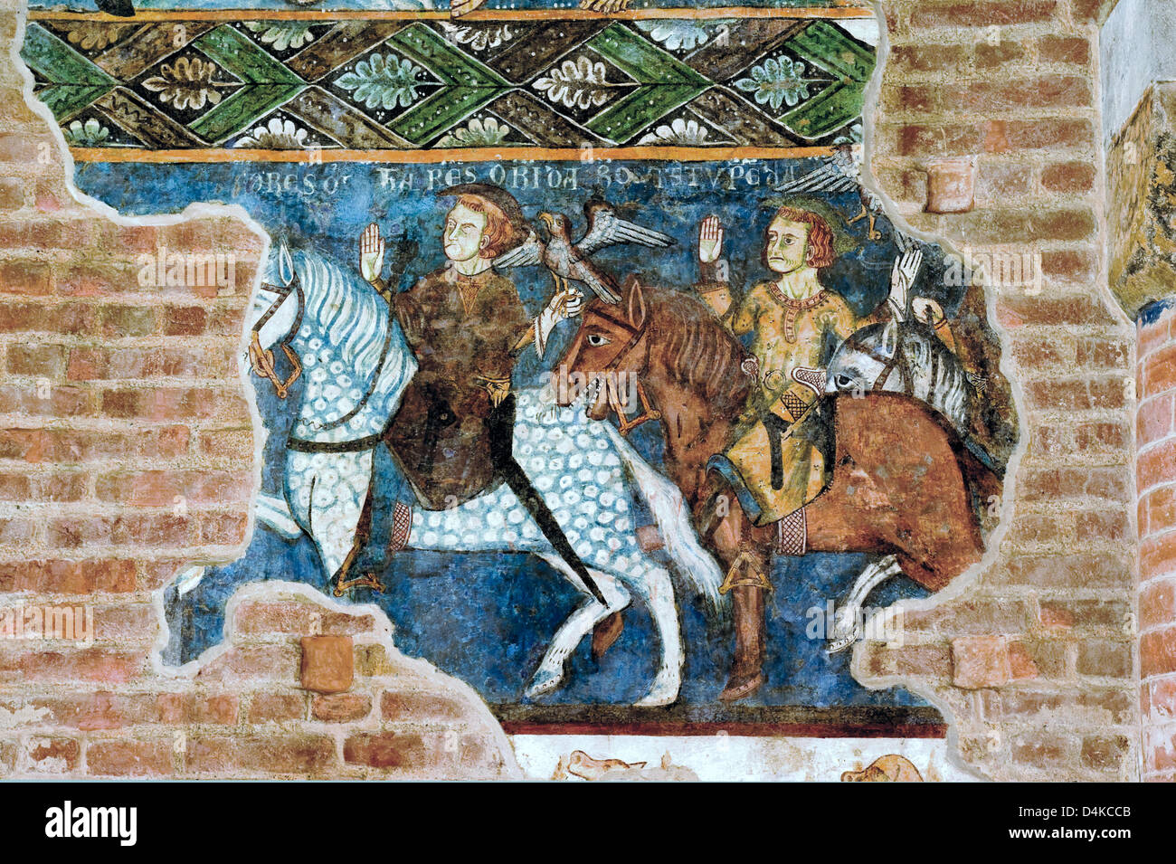 Italia Piemonte Albugnano Santa Maria di Vezzolano chiostro il contrasto dei tre vivi e dei tre morti. Foto Stock