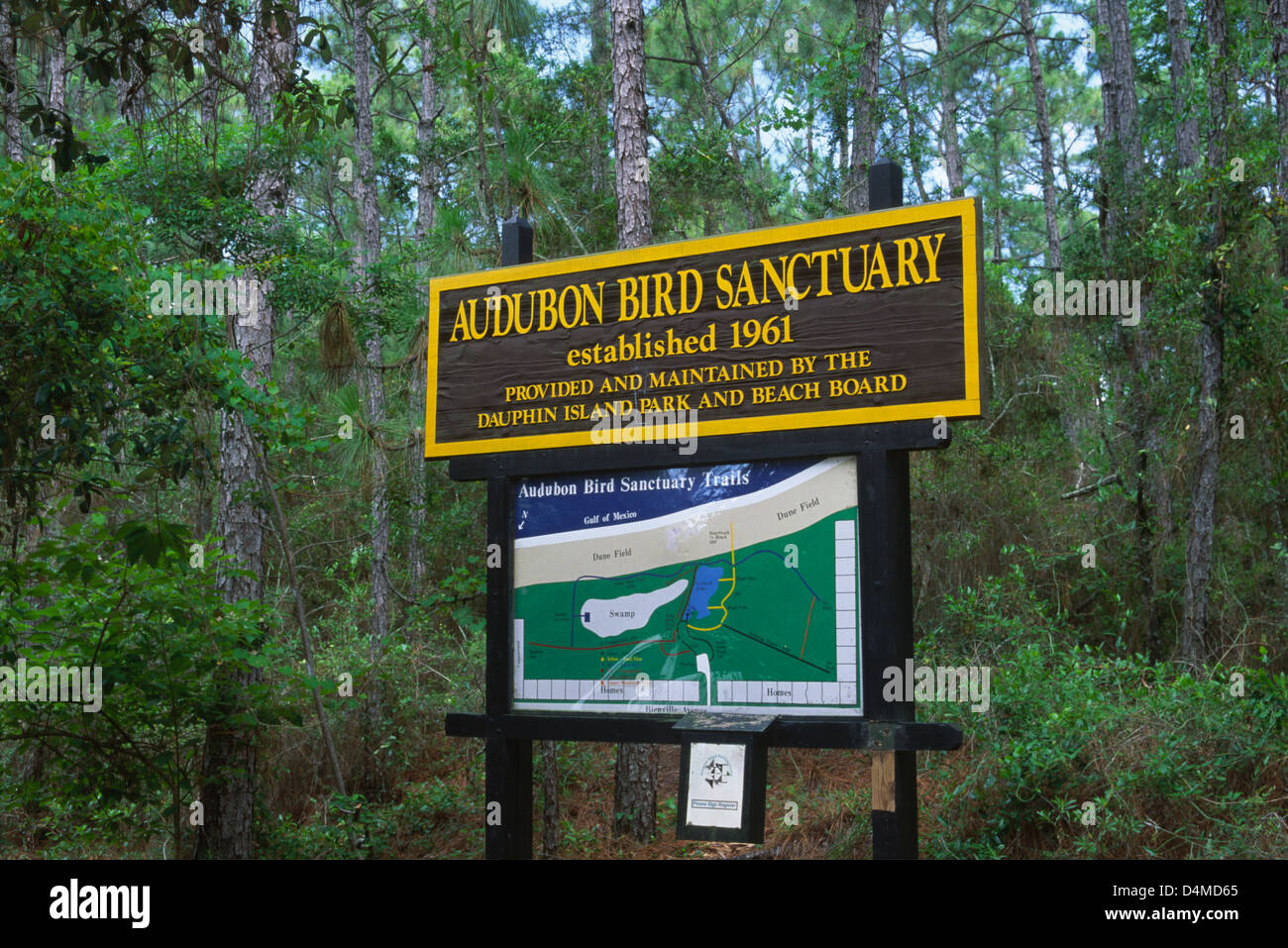 Ingresso segno, Dauphin Isola Santuario Audubon, Alabama Foto Stock