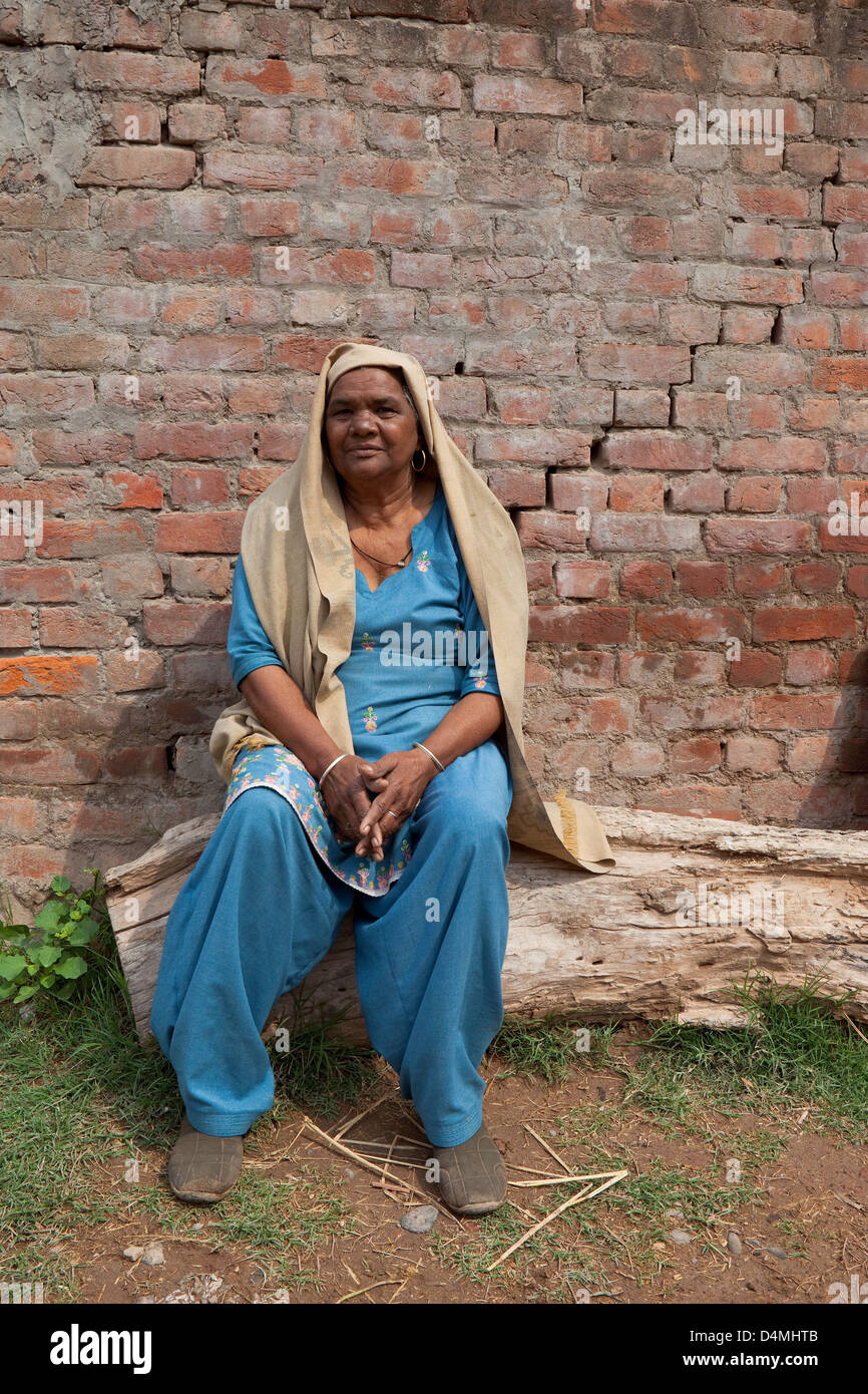 Tradizionalmente un vestito Punjabi donna in un ricamato salwar kameez seduto su un registro al di fuori della casa di famiglia in India del Nord Foto Stock