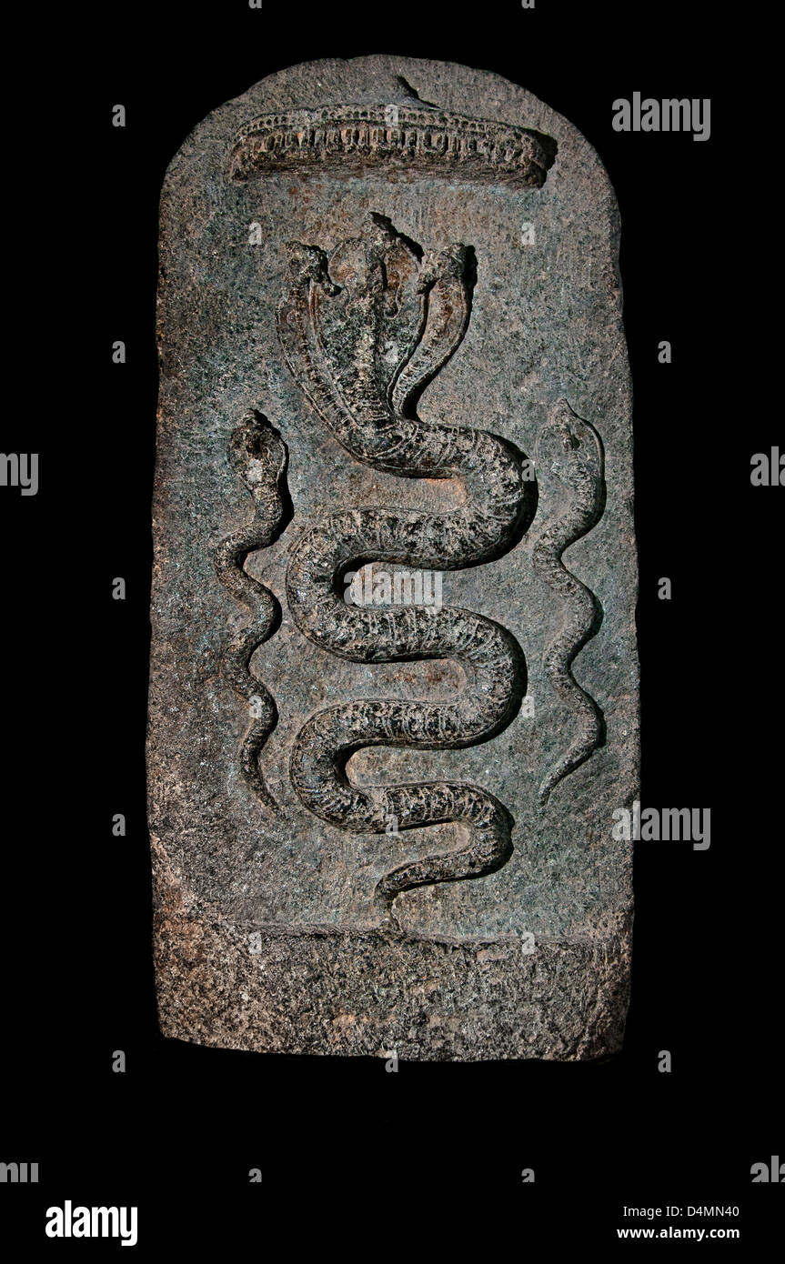 Snake Cobra fertilità in stato di gravidanza che desiderano concepire Nagakkal pietre pietra indù in India Foto Stock